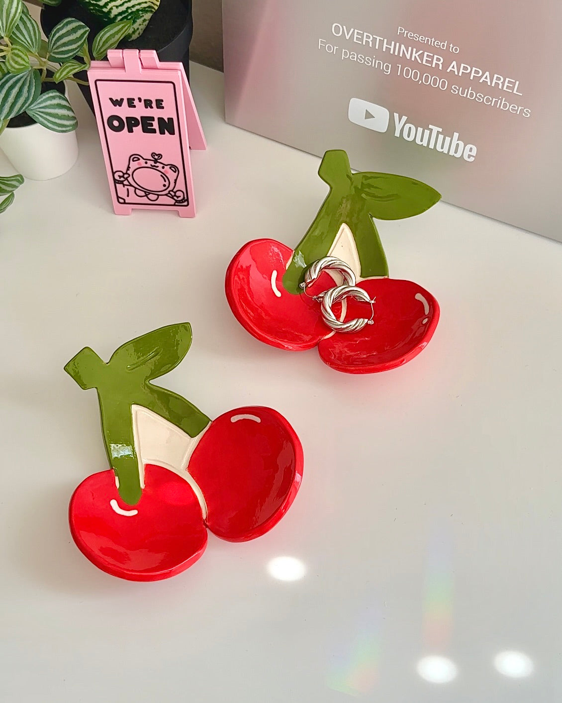 Handmade Cherry Ceramic Trinket Dish - Decorative Fruit-Shaped Jewelry Tray, Spoon Rest & Unique Gift for Women | Perfect for Jewelry Storage, Kitchen Decor & Housewarming Gifts