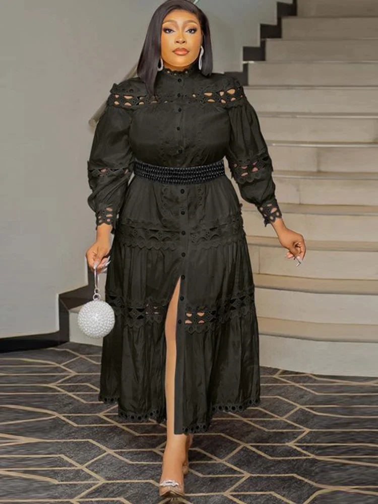 Elegant Hollow Out Lace Mock Neck Lantern Sleeve Midi Dress with Belt - Women's Plus Size Party Club Casual Outfit for Evening Events, Weddings & Date Nights