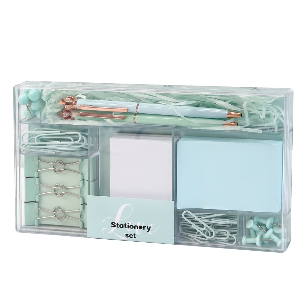 Premium SJYDQ Office Stationery Set - 12 Ballpoint Pens, 200 Sticky Notes, 50 Paper Clips & Long Tail Clips - Green Office Supplies (21.5x11.5x2.3cm) for Home, School & Workplace Organization