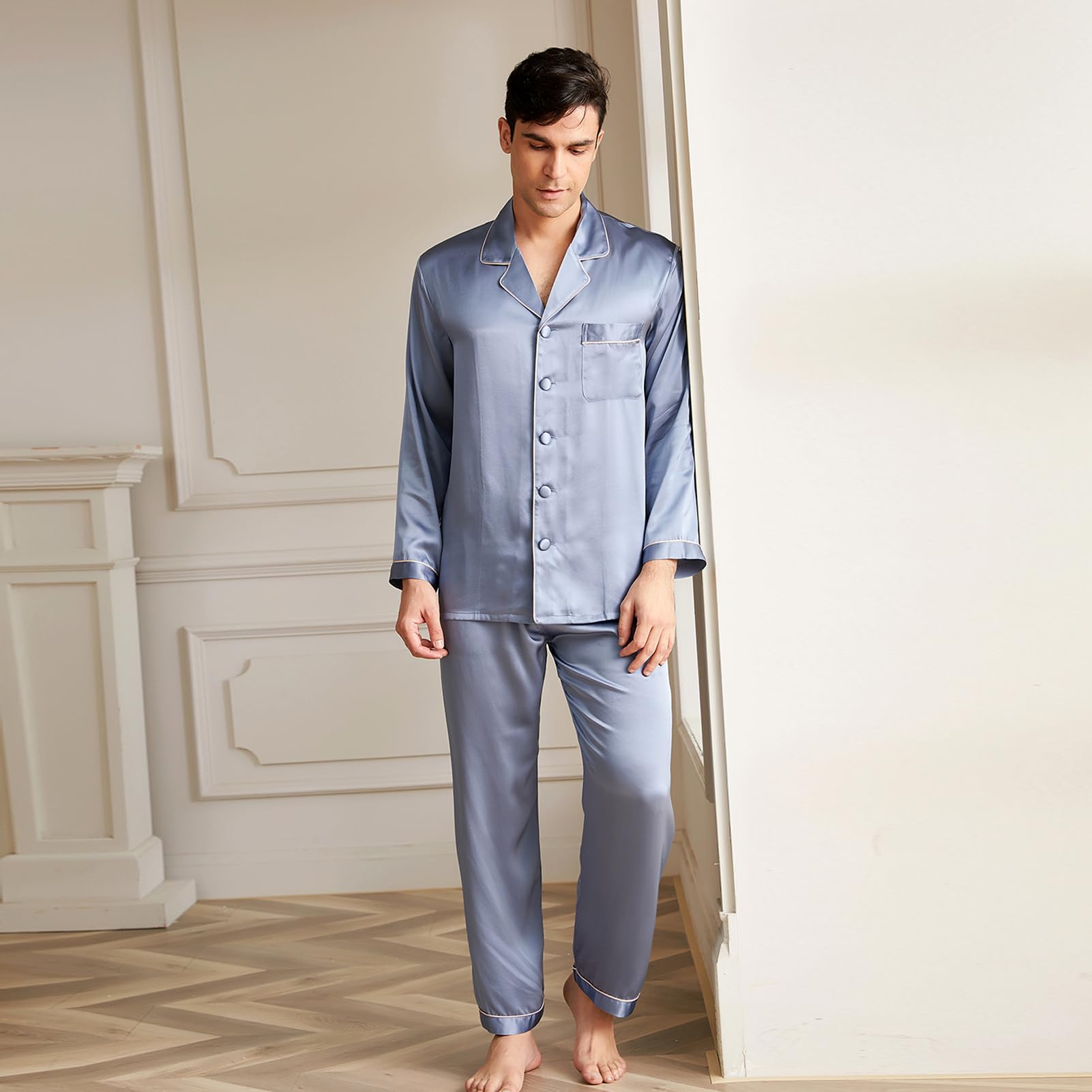Premium 19 Momme Mulberry Silk Pajama Set for Men - 2-Piece Long Sleeve Luxury Sleepwear | Lightweight & Breathable Silk Pajamas | Perfect for Lounging, Travel & Gift Giving