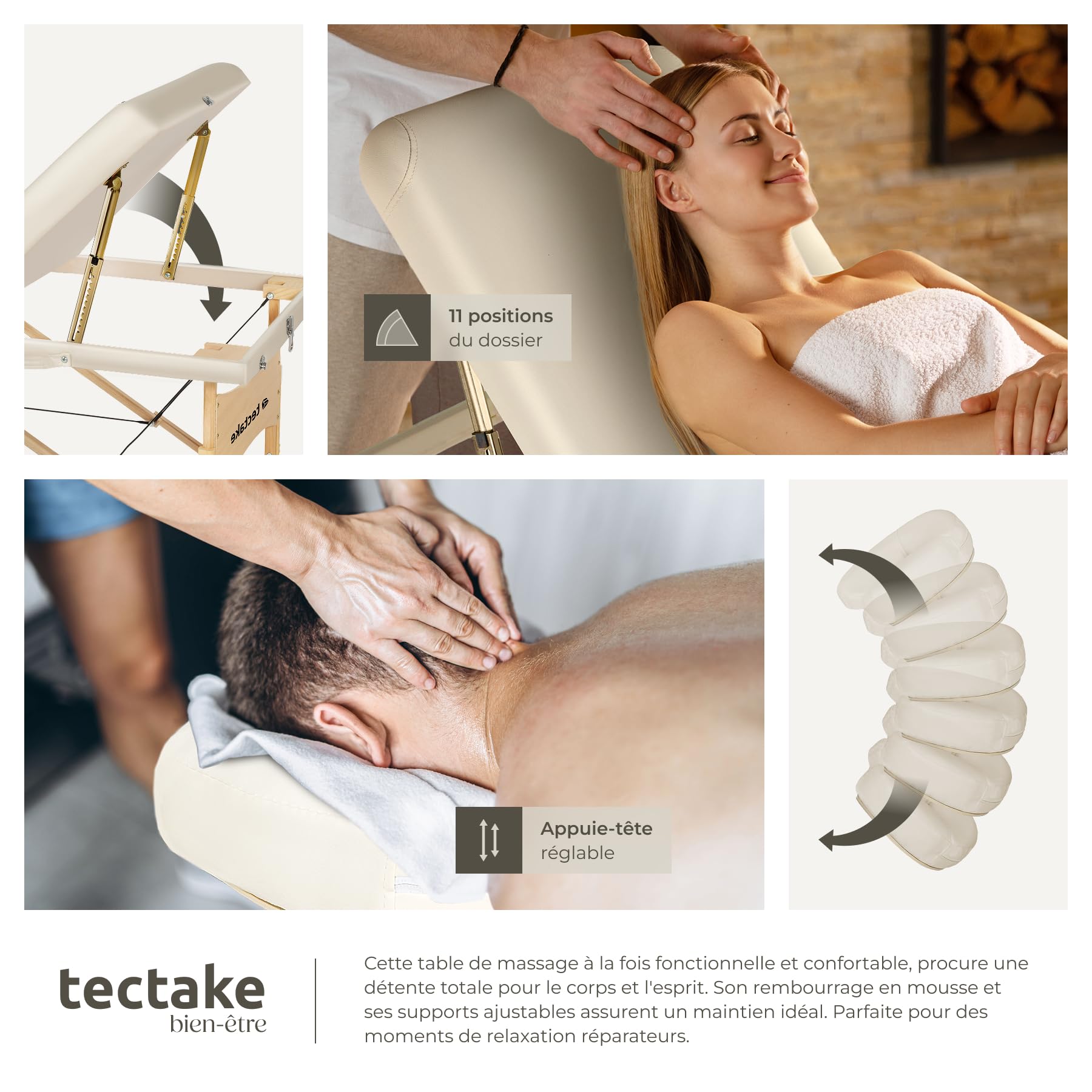 TecTake Foldable Massage Table with 7.5cm Padding, Professional Beauty Table with Ergonomic Armrest & Headrest, Includes Carrying Case - Beige | Perfect for Home Spa, Professional Massage Therapy & Salon Treatments