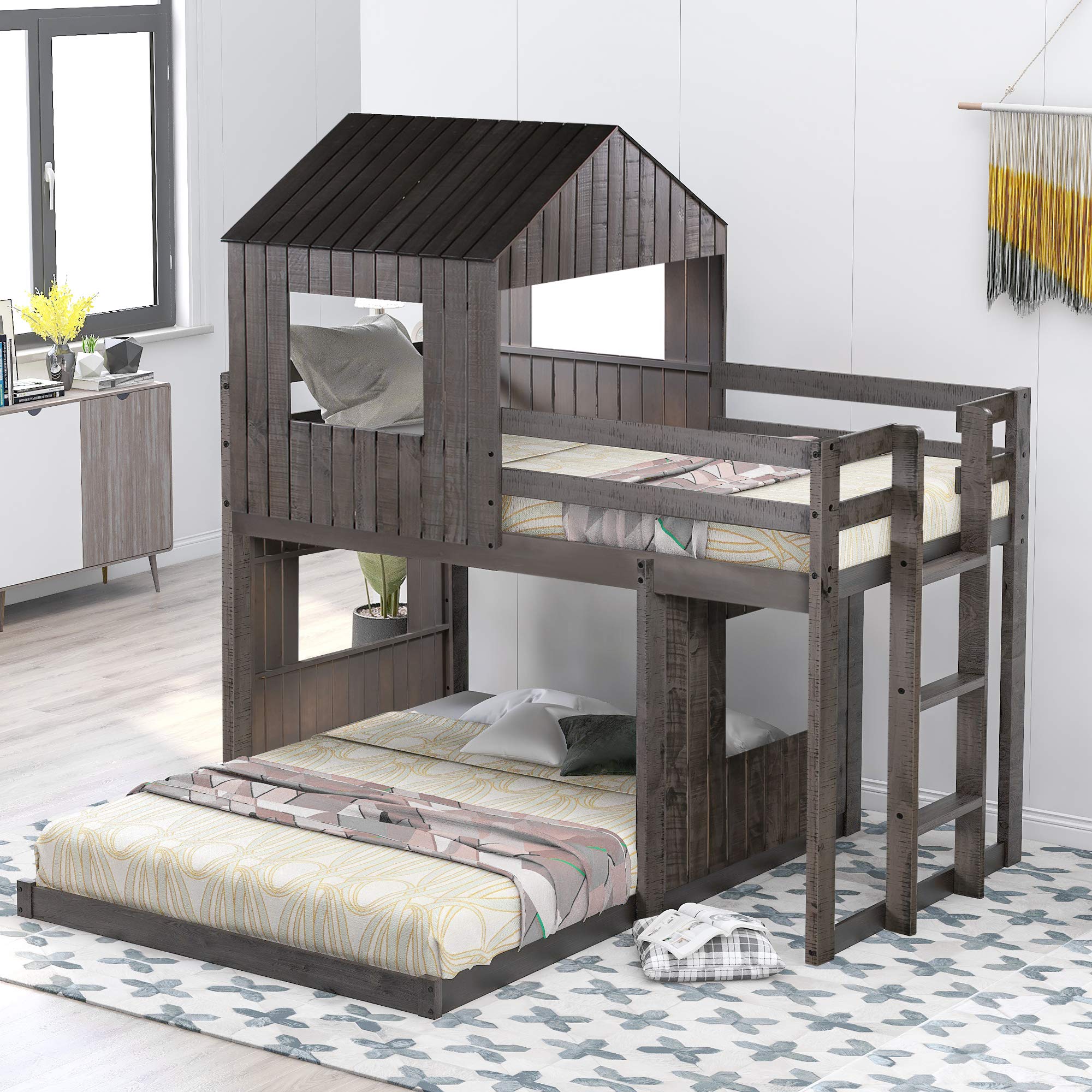 Kids Twin Over Full Bunk Bed with Playhouse - Solid Wood Loft Bed with Roof, Window & Safety Guardrail - No Box Spring Needed (Antique Gray) | Perfect for Small Bedrooms, Shared Kids Rooms & Play Areas