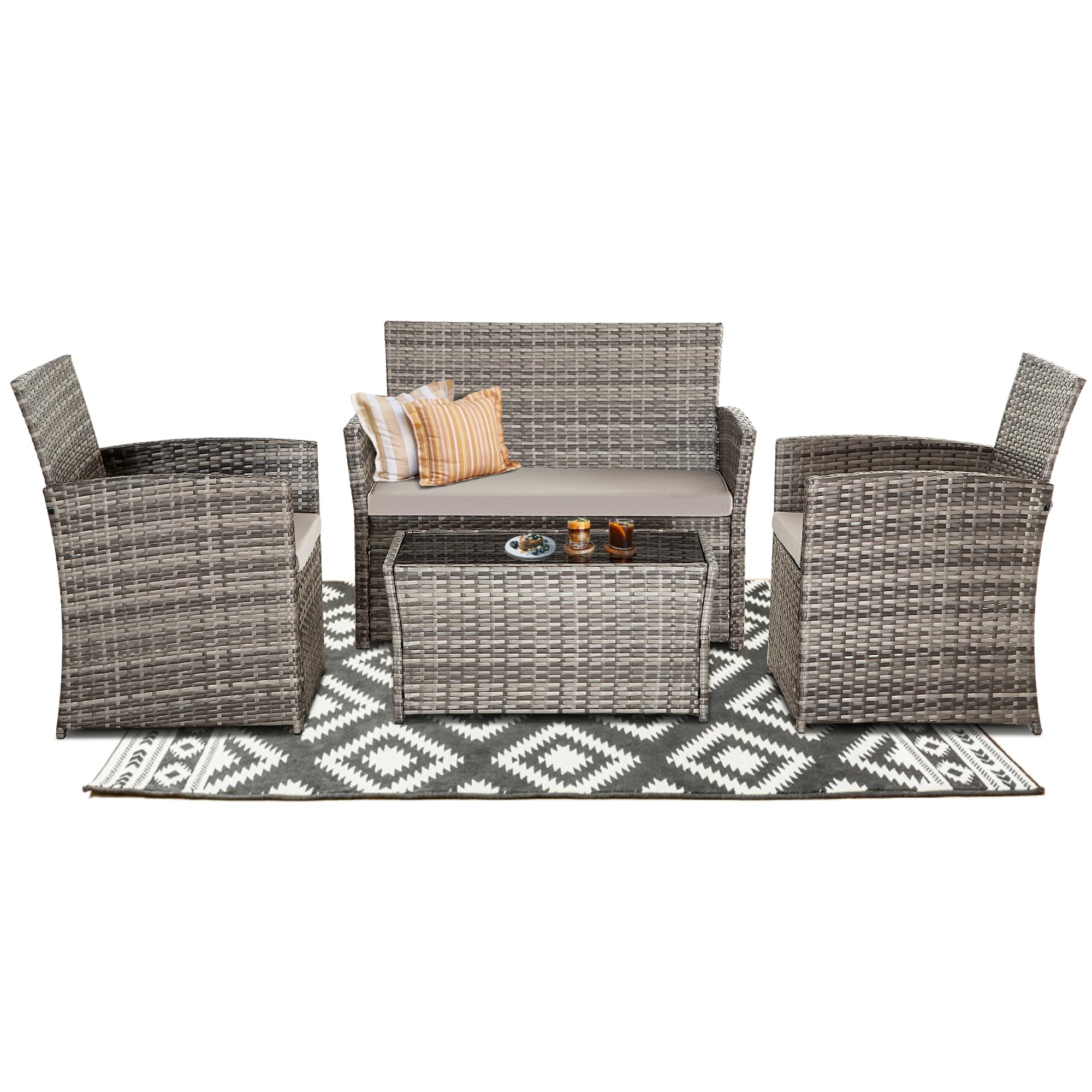 4-Piece Outdoor Patio Furniture Set - Wicker Rattan Sectional Sofa with Coffee Table & Cushions - Gray Conversation Set for Backyard, Porch, Garden, Poolside - Perfect for Relaxing & Entertaining Guests