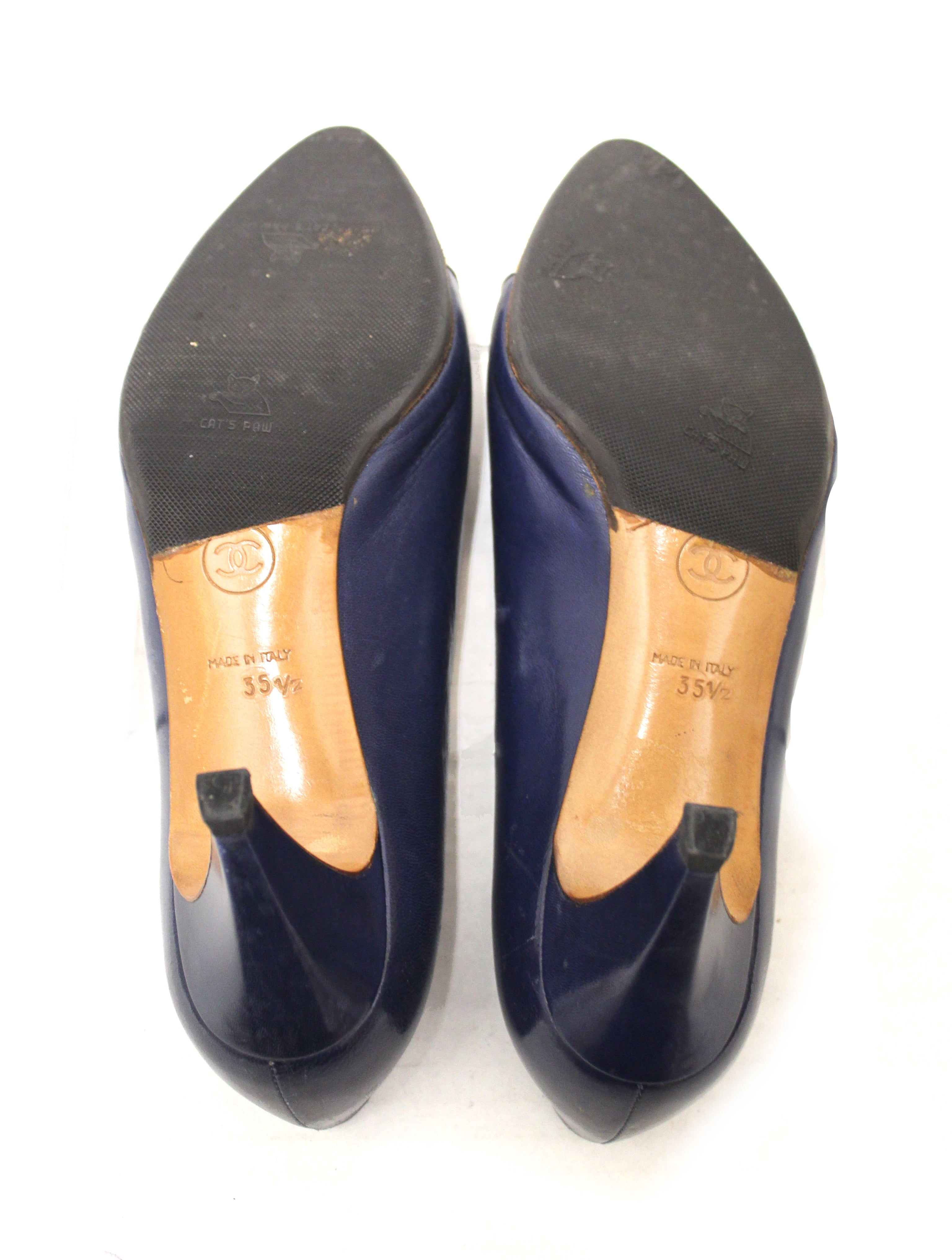 Chanel Navy and White Leather Pointed Heel Pumps - Size 35.5 EU (5.5 US) - Women's Luxury High Heels for Evening Parties & Formal Events