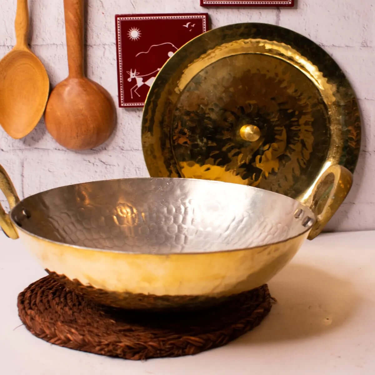 Premium Brass Kadai With Lid - Traditional Indian Cooking Pot for Biryani, Curry & Stews - Ideal for Home Kitchens & Restaurants