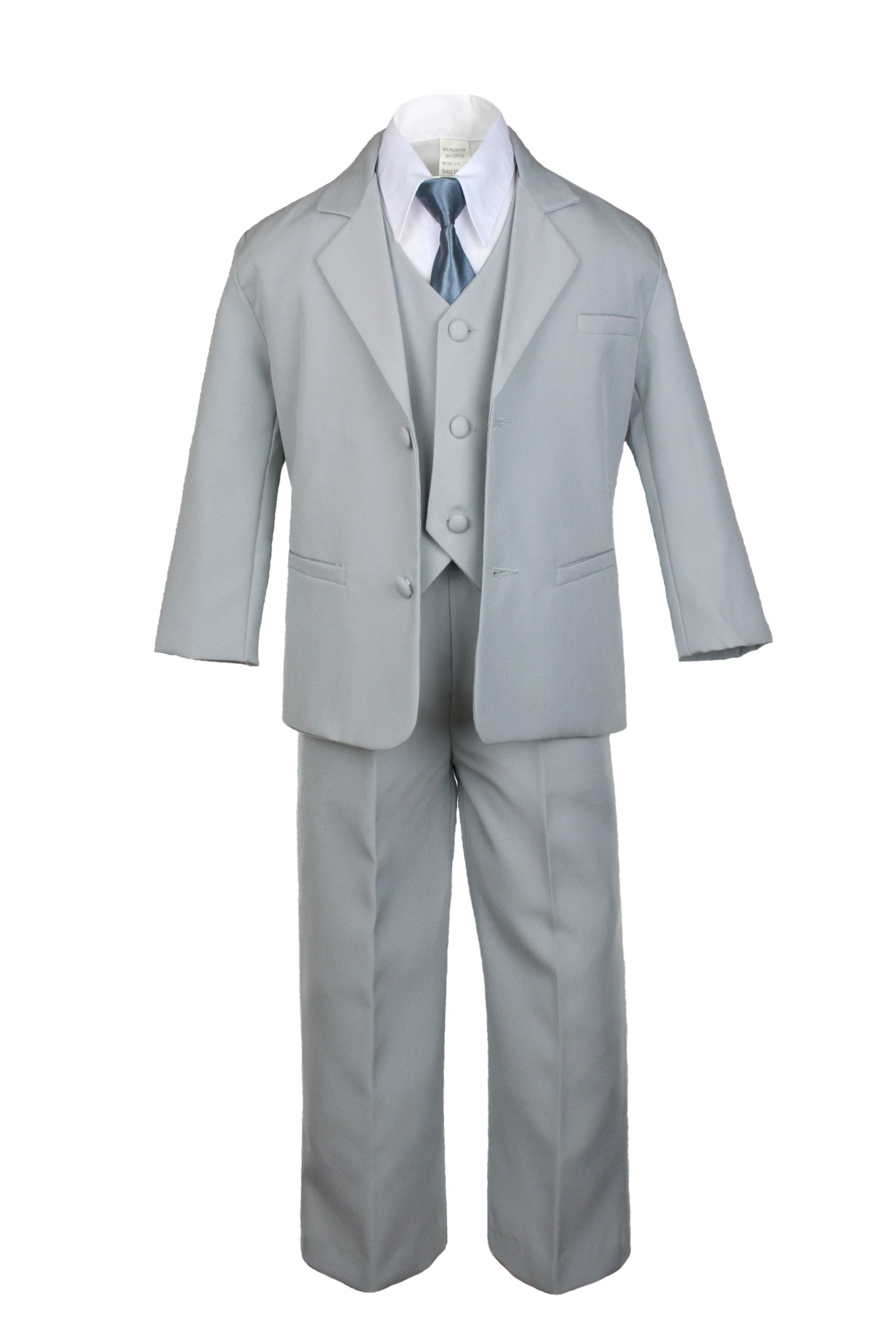 6-Piece Boys Gray Vest Tuxedo Suits Set with Satin Dark Gray Necktie - Formal Wear for Baby, Toddler & Teen - Perfect for Weddings, Parties & Special Occasions