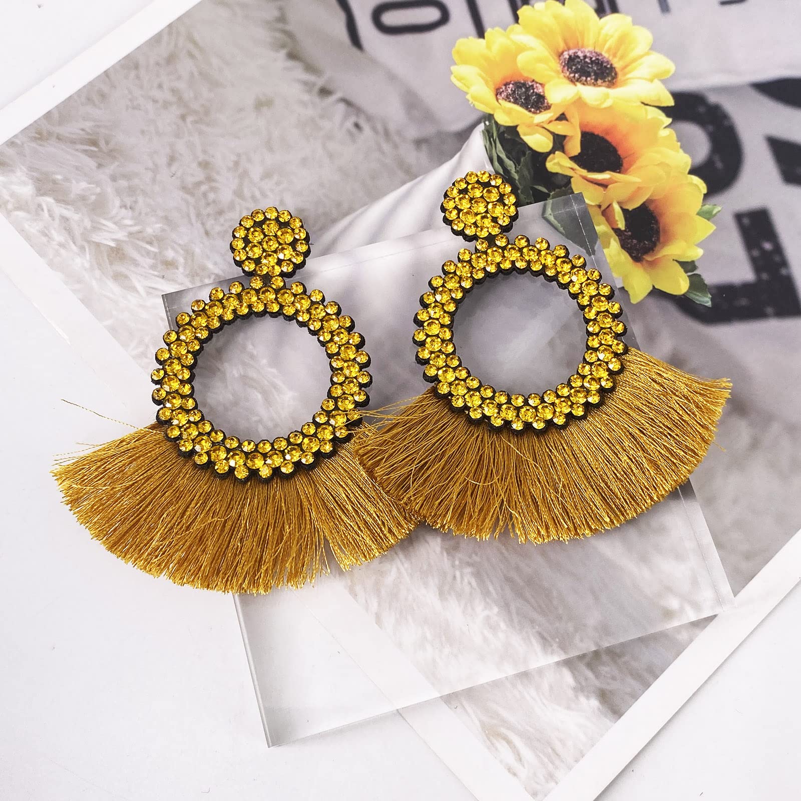 Boho Crystal Tassel Earrings for Women - Sparkly Scalloped Cotton Thread Statement Earrings 3.34