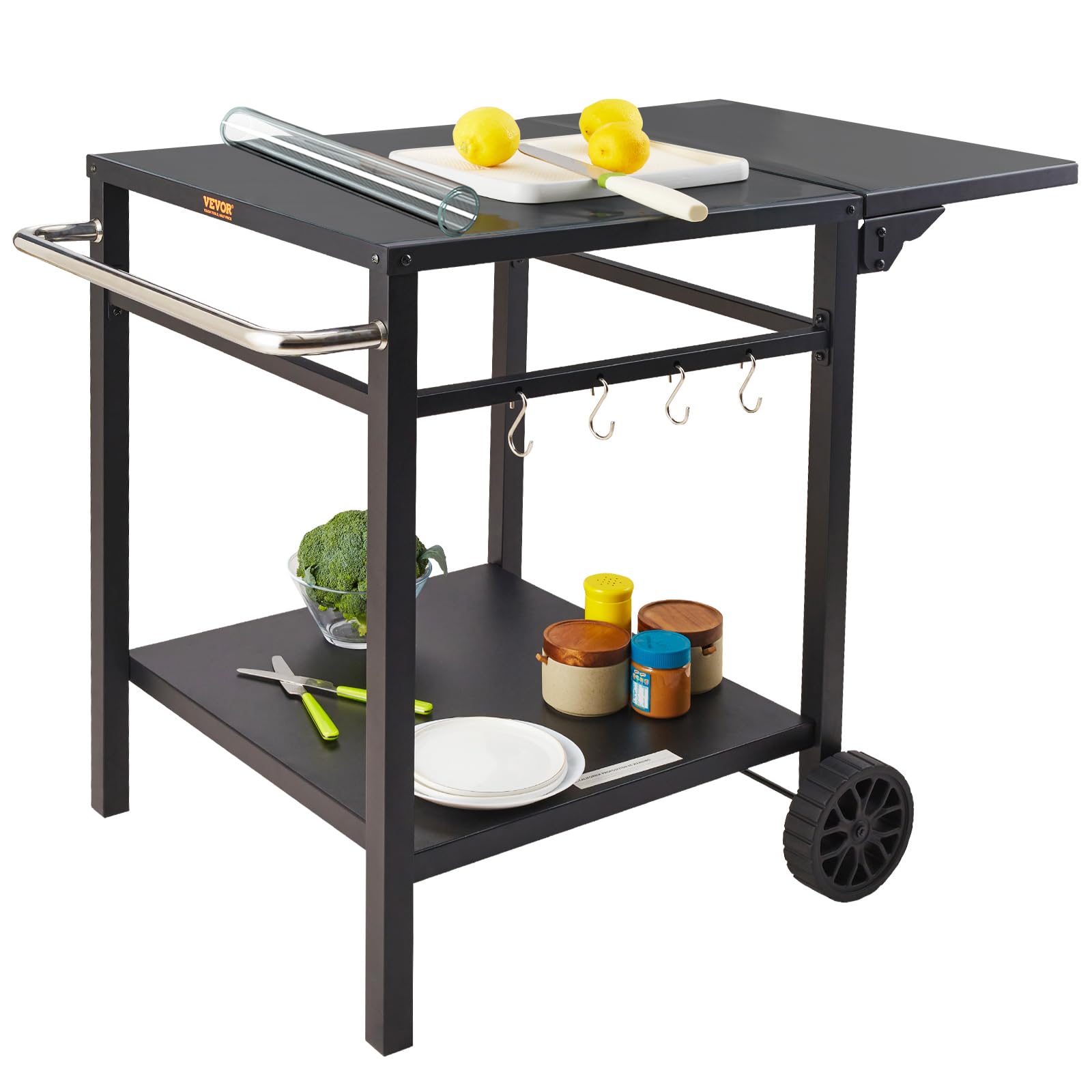 VEVOR Outdoor Grill Dining Cart with Double-Shelf - Portable BBQ Food Prep Table with Foldable Iron Top, 2 Wheels & Carry Handle | Perfect for Backyard Cooking, Camping & Pizza Oven Workstation