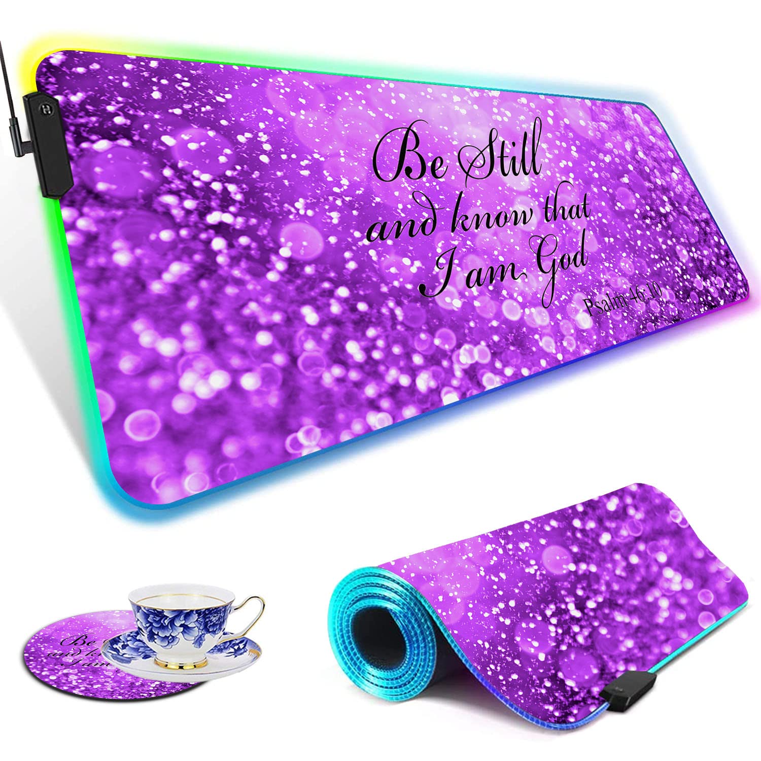 RGB Gaming Mouse Pad with LED Lights - Large Non-Slip Desk Mat for Keyboard & Mouse - Purple Glitter Sparkle Design with Psalm 46:10 Bible Verse - Perfect for PC Gaming, Office Work & Home Computer Setup
