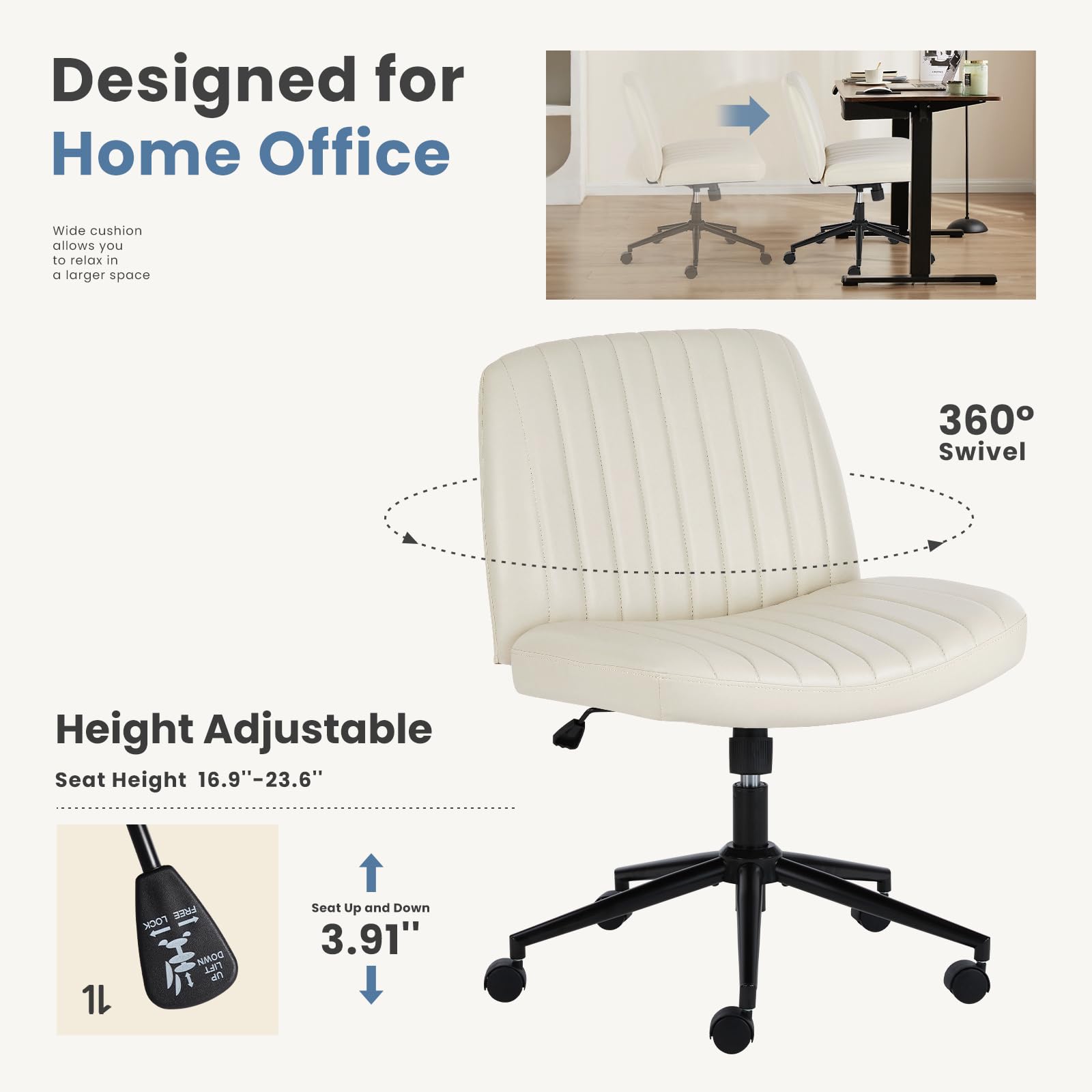DUMOS Criss Cross Chair with Wheels - Adjustable Swivel Office Chair, Armless Wide Seat with Dual-Purpose Base, Leather Task Vanity Chair for Home Office & Workspace (Cream) - Perfect for Desk Work, Gaming & Study