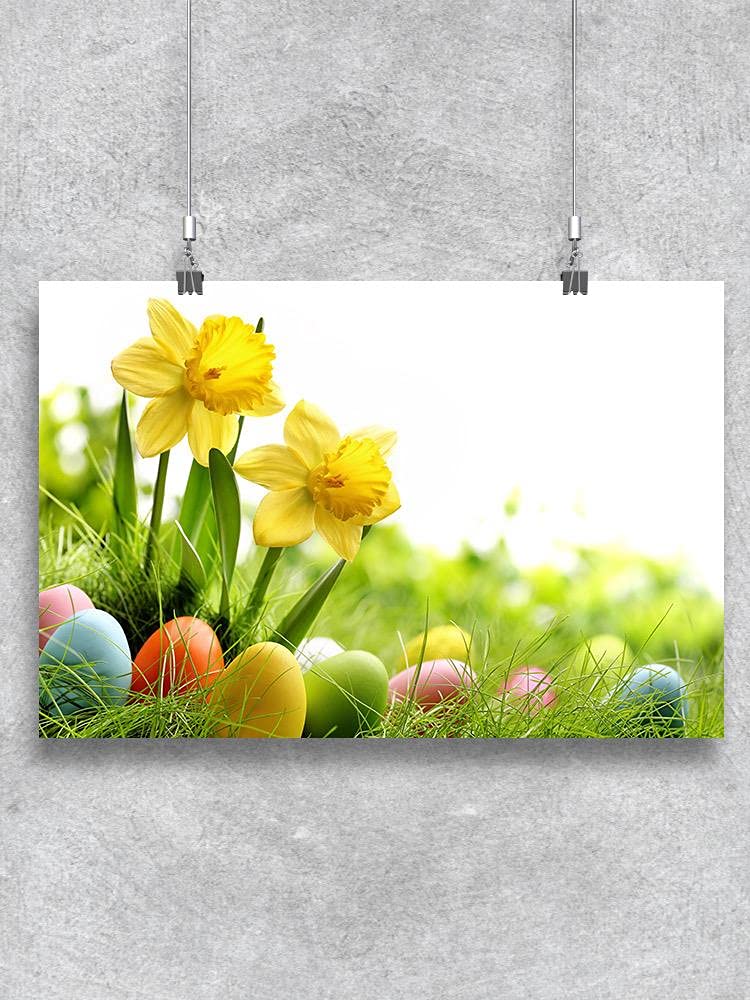 Easter Eggs and Daffodil Flower Poster - Spring Home Decor, Easter Party Supplies, Wall Art for Living Room & Nursery