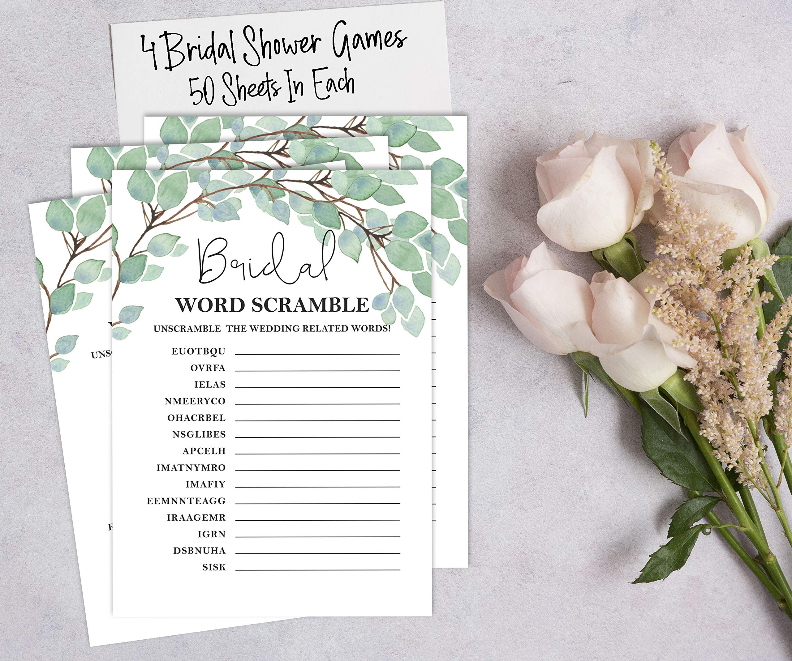 Bachelorette Party Games Set - 4 Fun Bridal Shower Games (50 Sheets Each) | Greenery Theme | Perfect for Wedding Showers & Girls Night Out