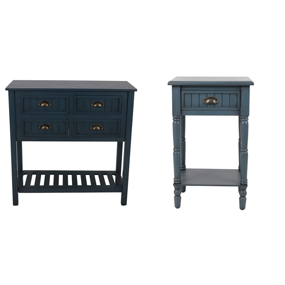 Decor Therapy Bailey Bead Board 4-Drawer Console Table & 1-Drawer Accent Table Set - Antique Navy Finish (14x32x32 & 14x17x26.5 Inches) - Farmhouse Entryway Furniture for Hallway, Living Room & Bedroom Decor