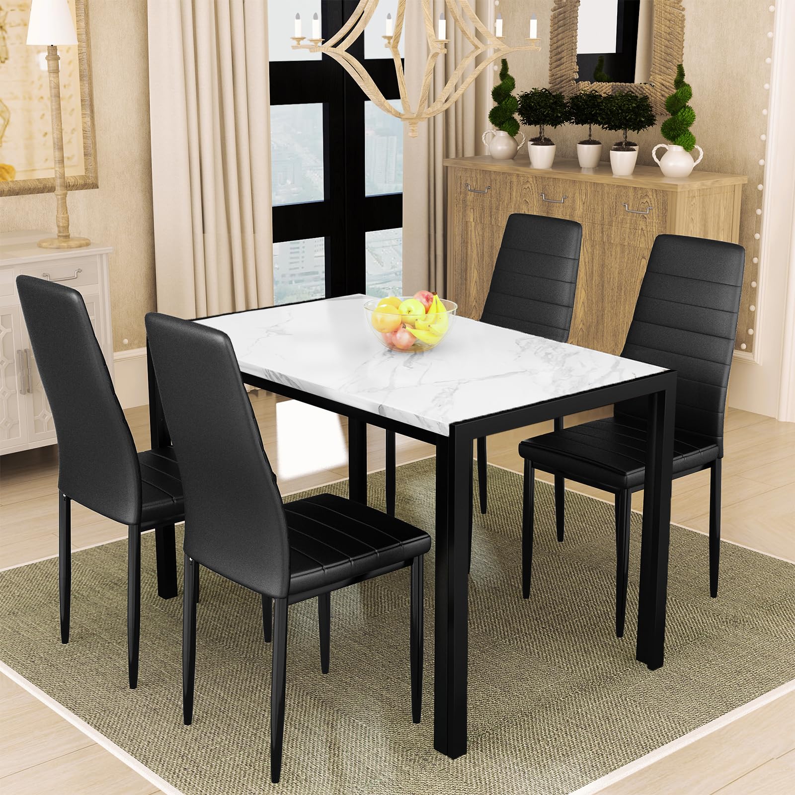 Recaceik 4-Piece Dining Table Set with Faux Marble Top & PU Leather Upholstered Chairs - Modern Kitchen Table and Chairs for Small Space, Perfect for Breakfast Nook, Apartment Dining, and Family Meals