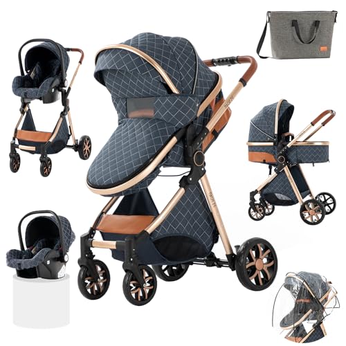 3 in 1 Baby Travel System - Lightweight Aluminum Frame Stroller with Reversible Seat, Portable Folding Design for Newborns & Toddlers (V9 Blue-5) | Perfect for Shopping, Travel & Daily Walks