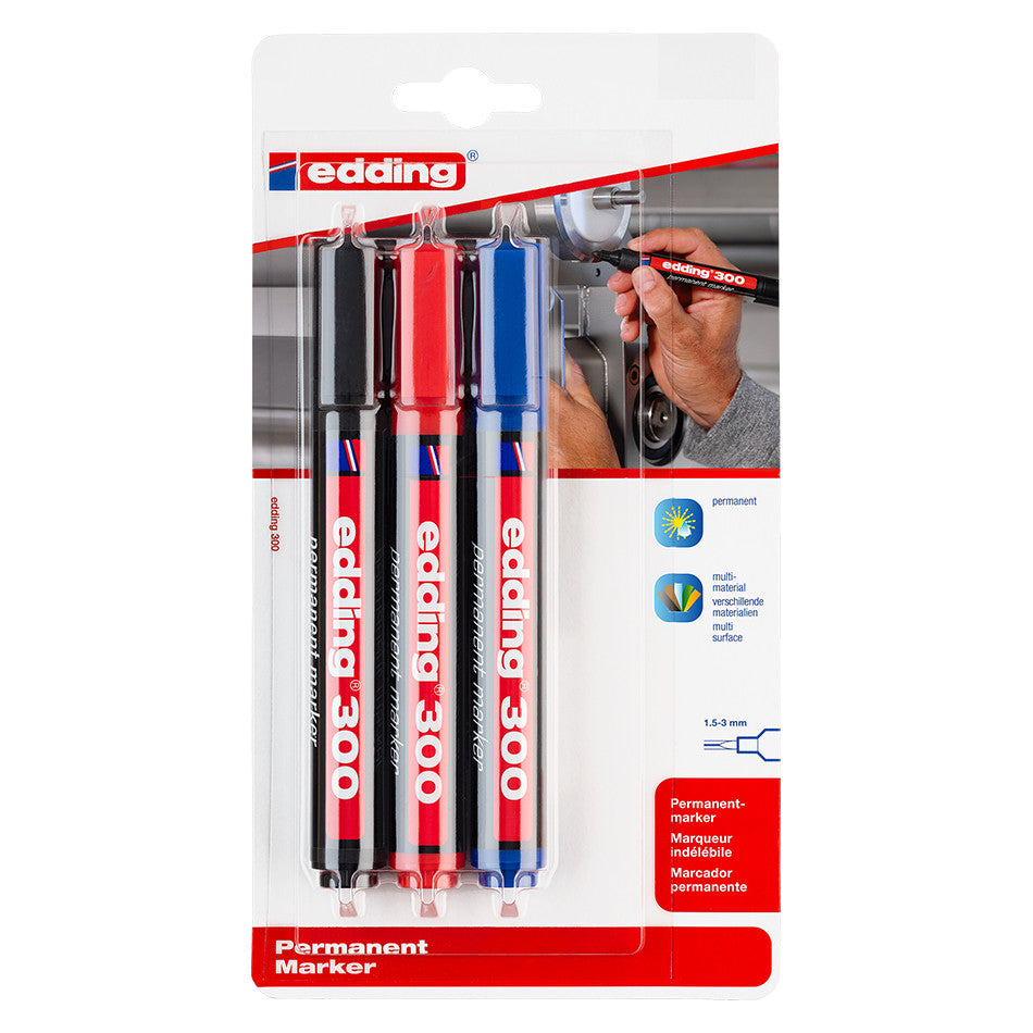edding 300 Permanent Marker Set of 3 - Black, Blue, Red - Industrial Strength Ink for Writing, Labeling & DIY Projects - Ideal for Office, School & Home Use