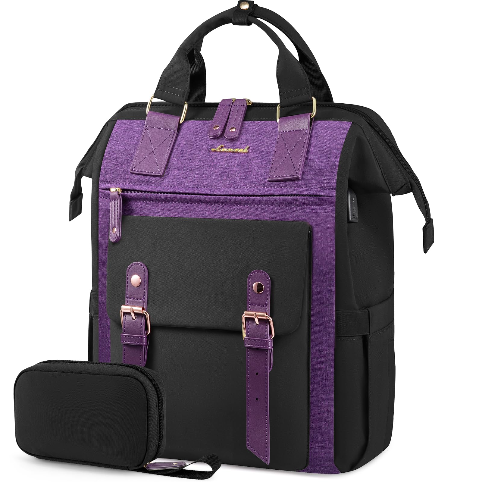 LOVEVOOK 15.6 Inch Laptop Backpack for Women - Waterproof USB Charging Port Work Bag, College Backpack for Nurse & Teacher, Business Travel Computer Bag - Perfect for Office, School & Commuting (Black-Purple)