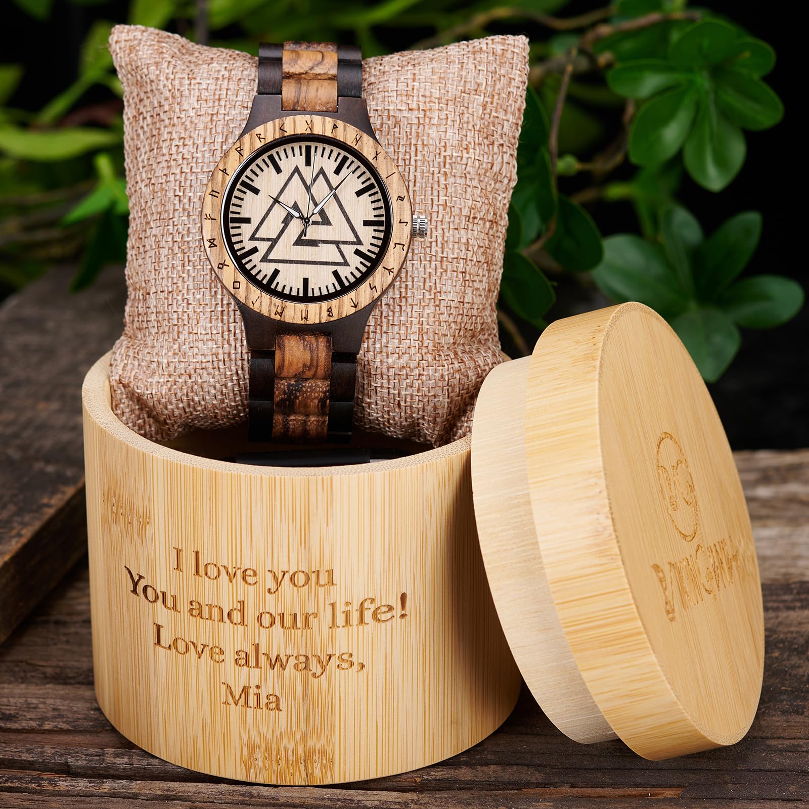 Vikingenes Wooden Watches for Men - Personalized Engraved Wood Watch | Luxury Natural Wood Chronograph Wristwatch | Unique Viking-Inspired Gift for Him | Perfect for Anniversary, Birthday & Special Occasions