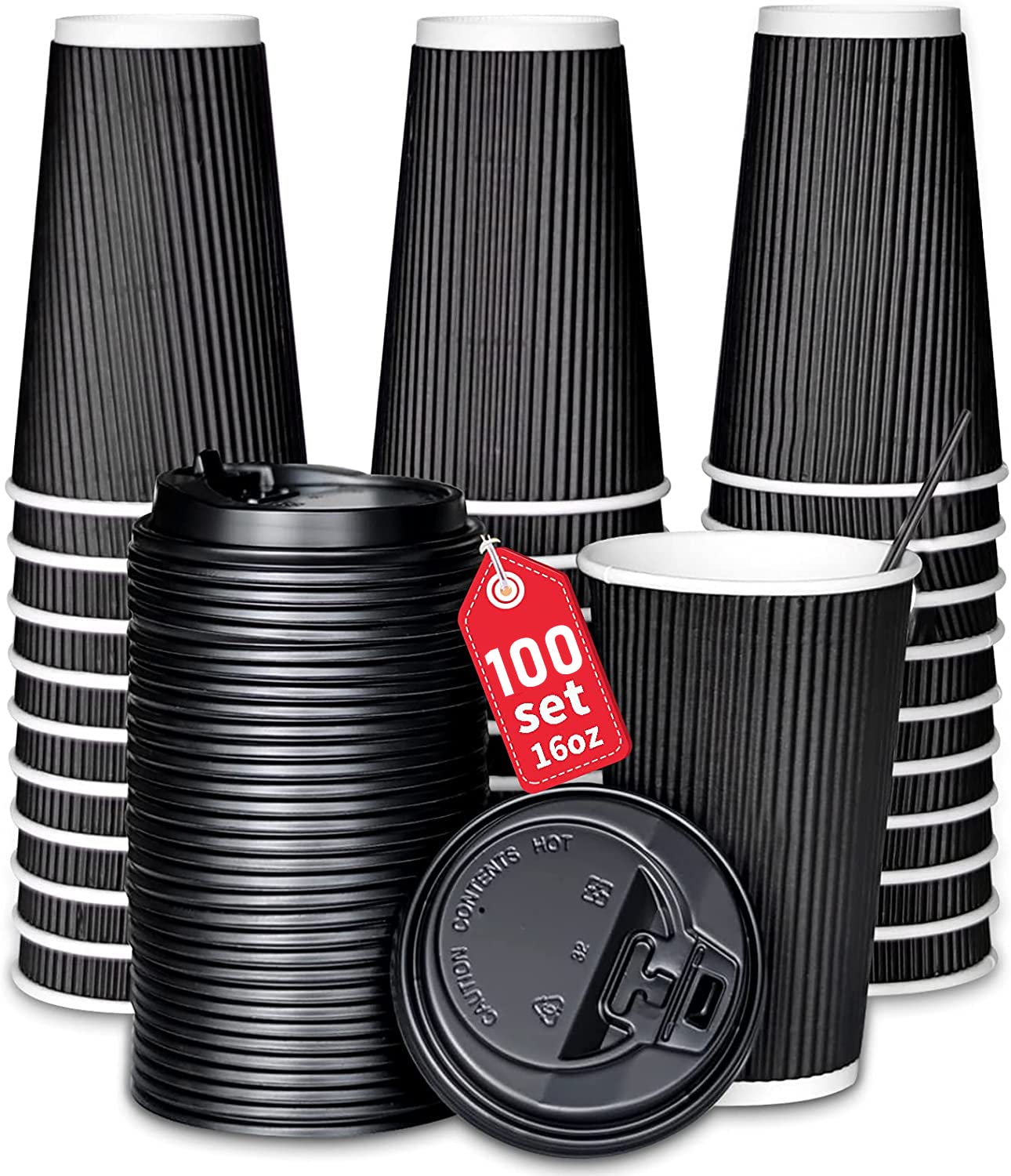 16oz Disposable Paper Coffee Cups with Lids (100 Pack) - Insulated Double Wall Ripple Design with Sleeves for Hot & Cold Beverages - Perfect for Coffee Shops, Office Use, Travel, Parties, and Catering Events