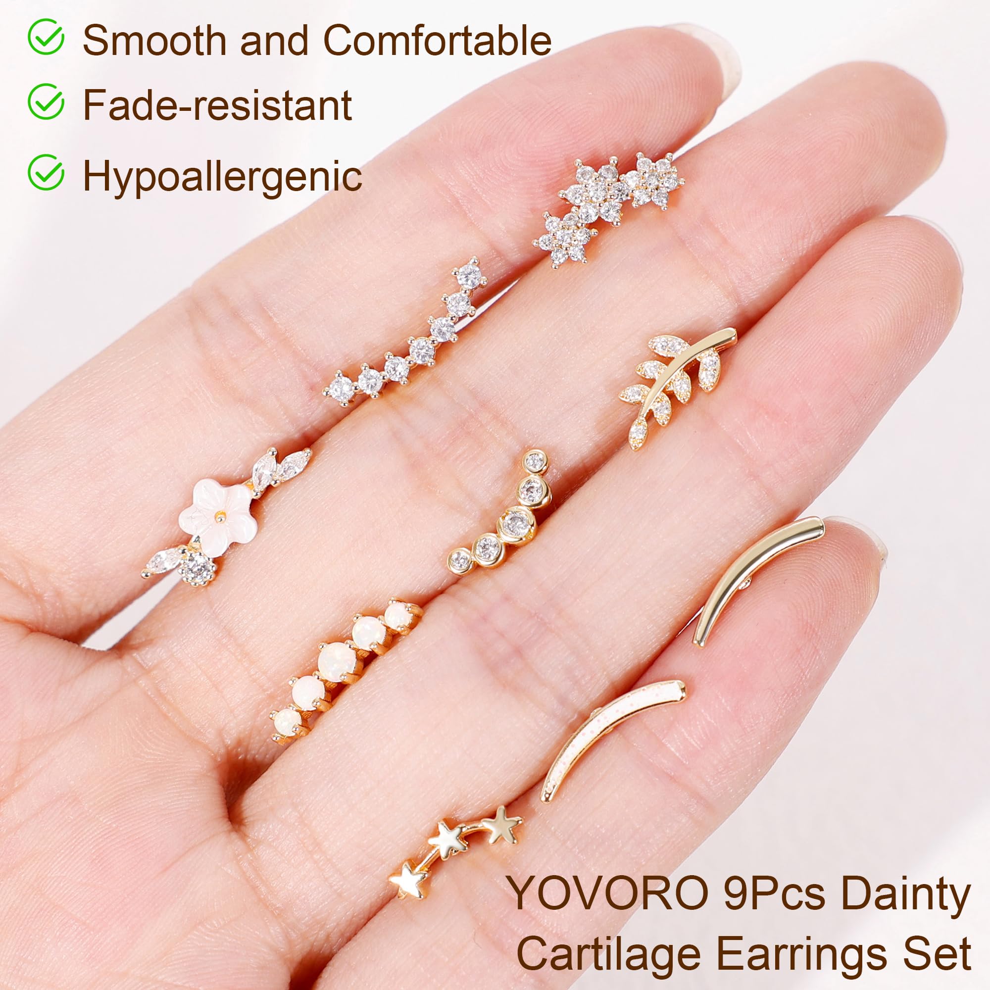9Pcs 18G 14K Gold Plated 316L Stainless Steel Cartilage Earrings Set - Dainty Opal Leaf & CZ Flower Flat Back Studs for Helix, Conch Piercing | Hypoallergenic Jewelry for Women | Perfect for Everyday Wear, Gift Giving & Special Occasions