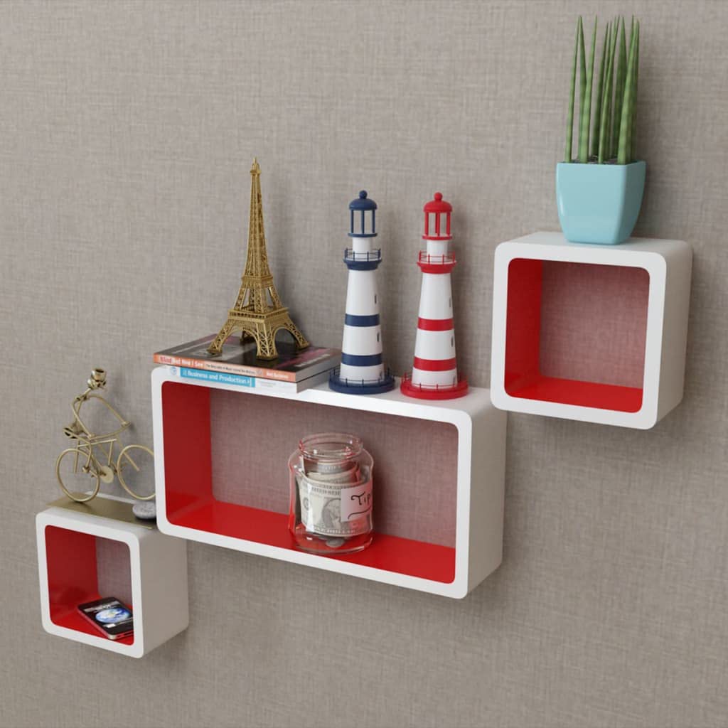 White & Red MDF Floating Wall Shelves - Set of 3 Wall Mounted Display Stands for Books, DVDs & Decor | Perfect for Bathroom, Bedroom, Living Room, Kitchen & Office Storage Solutions
