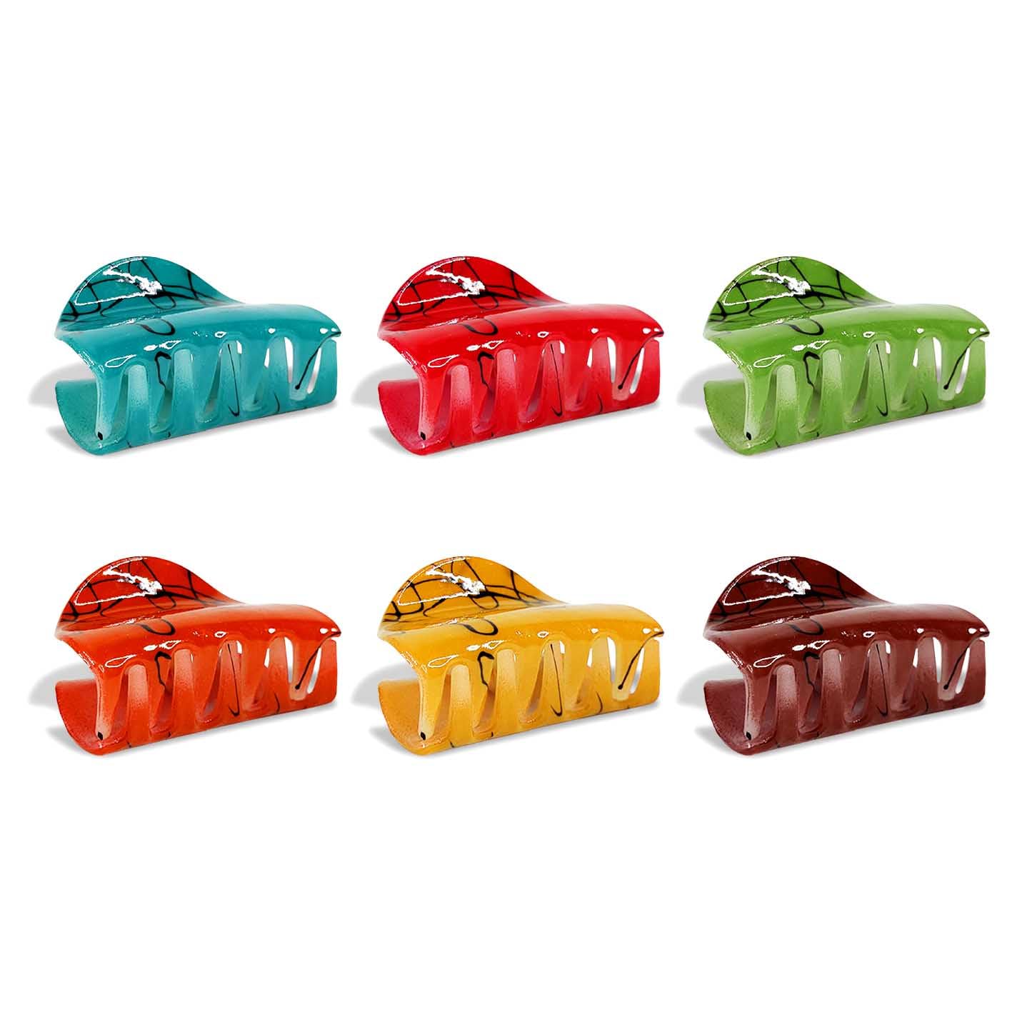 Elegant Plastic Glossy Printed Rectangle Hair Claw Clips for Women - Pack of 6 Multicolor Hair Clips - Perfect for Updos, Ponytails & Everyday Hairstyles