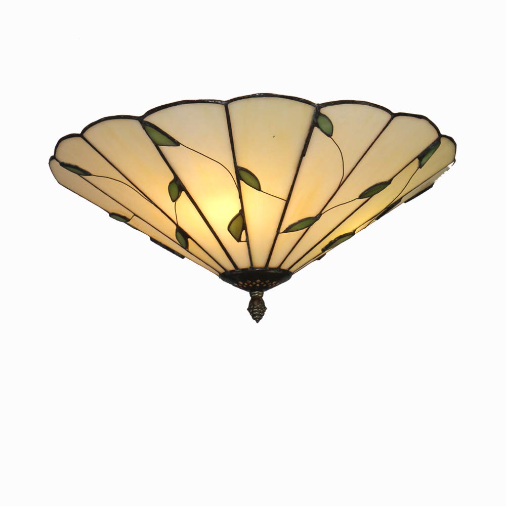 16 Inch Tiffany Style Green Leaf Glass LED Ceiling Light Fixture - Classic Flush Mount Chandelier for Kitchen, Dining Room, Bedroom & Living Room Lighting Decor