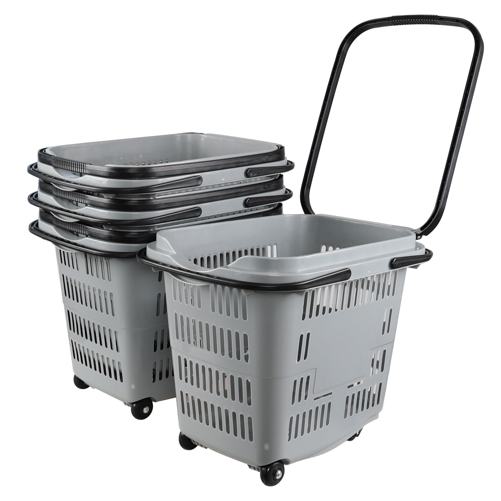 50L Plastic Rolling Shopping Basket with Handles - Portable Retail Cart for Supermarket, Grocery Store & Warehouse (4 Pack) - Ideal for Shopping, Stocking Shelves & Home Organization