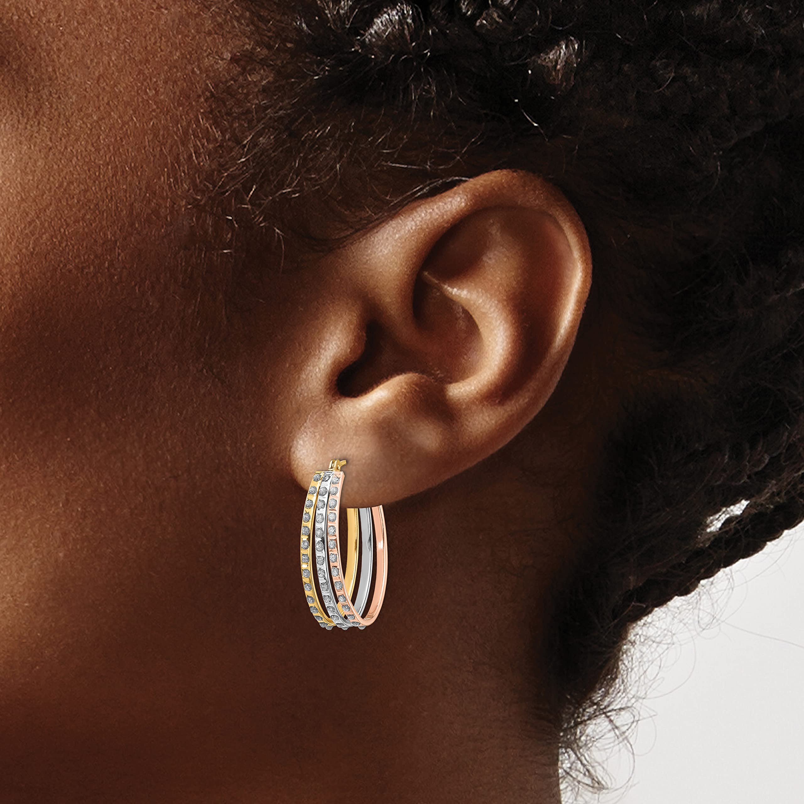 14K Solid Tri-Color Pink White Yellow Gold Diamond 3 Oval Small Hoop Earrings for Women | Elegant Dainty Everyday Jewelry Gift for Her | Perfect for Parties, Weddings & Date Nights