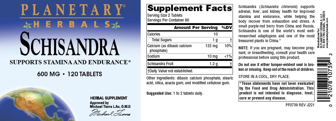 Planetary Herbals Schisandra Tablets 600mg (120 Count) - Natural Liver Support & Stress Relief Supplement for Daily Wellness & Detox