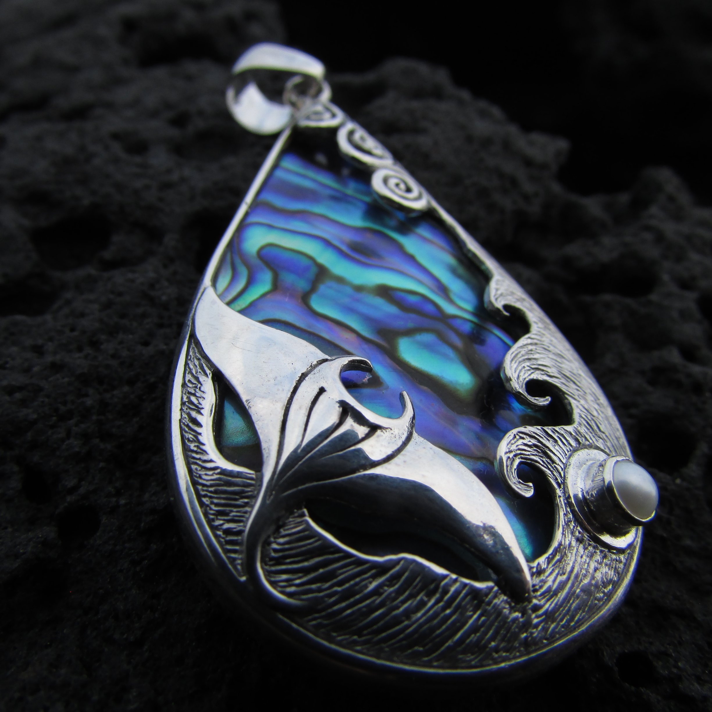 Handmade Manta Ray Wave Pendant Necklace with Pearl & Paua Abalone Shell | Sterling Silver Ocean Jewelry | Unique Beach Gift for Women | Perfect for Summer Vacations, Boho Outfits & Coastal Weddings
