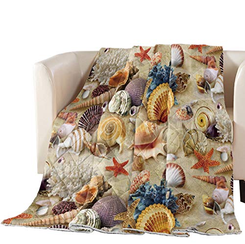 Libaoge Collection Quilted Bedspread - Oversized Queen Size Soft Cotton Filled Comforter Coverlet with Ocean Sand Beach Theme (Starfish & Seashell Design) for Bed, Couch or Sofa - Perfect for Coastal Decor, Guest Room & Vacation Homes