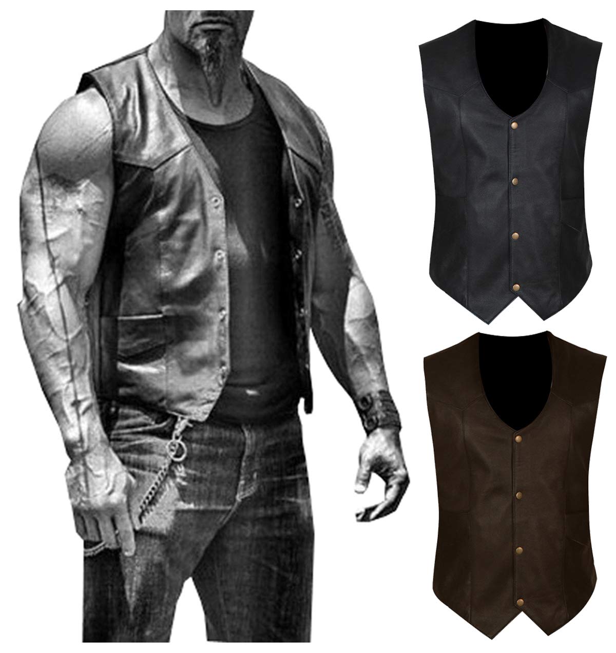 Dwayne Johnson Fast & Furious Luke Hobbs Motorcycle Leather Vest - Black & Brown for Men | Biker Jacket for Harley Riding, Cosplay & Halloween Costume
