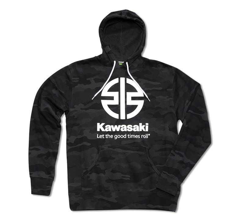 Kawasaki River Mark Logo Pullover Hooded Sweatshirt - Black Camo Unisex Hoodie for Men & Women | Streetwear, Casual Wear, Motorcycle Enthusiast Fashion