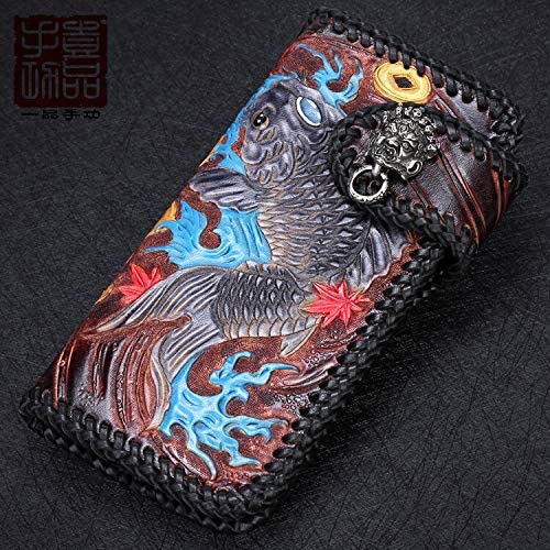 Handmade 3D Genuine Leather Biker Wallet for Men - Custom Engraved & Hand-Painted Long Wallet with Koi Fish Design - Perfect for Motorcycle Riders, Gift Giving & Everyday Use