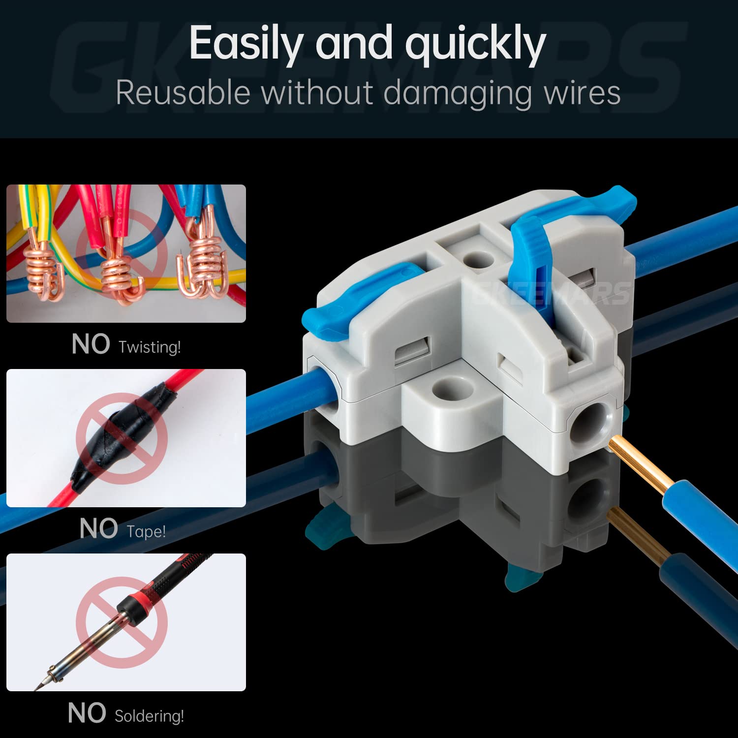 GKEEMARS 20Pcs 3 Way T Tap Wire Connectors - Quick Splice Push-in Electrical Connectors for AWG 24-12 Gauge Wires (Blue) - Ideal for Automotive, Home Wiring & DIY Electrical Projects