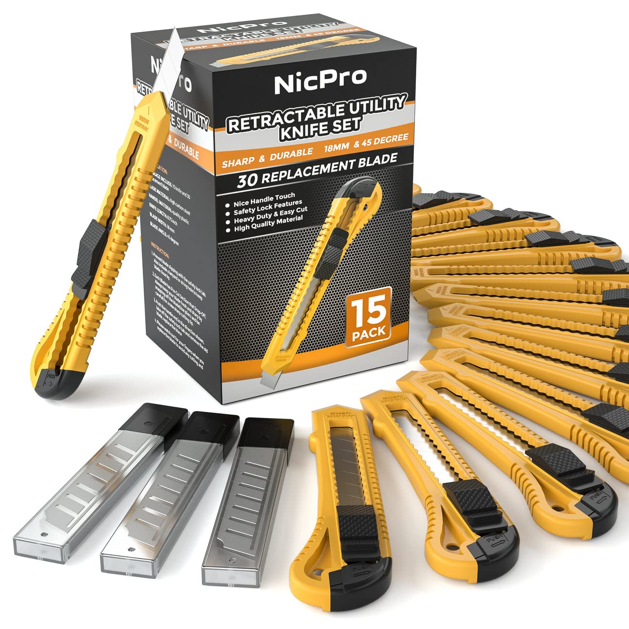 Nicpro 15 Pack Utility Knives with 30 Extra Blades - Heavy Duty Retractable Box Cutters with Snap-Off 18mm Razor Blades - Ideal for Office, Home, Arts & Crafts, DIY Projects, Packaging, and Workshop Use
