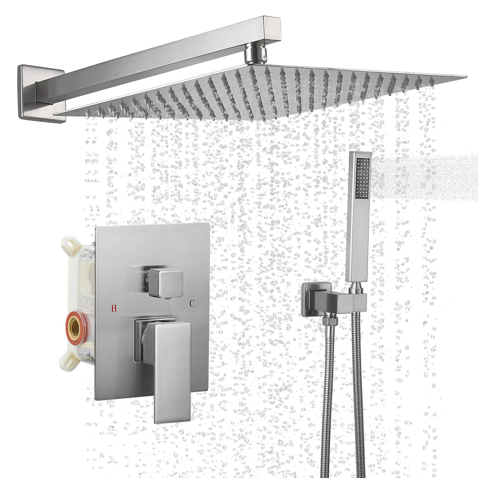 BWE 10 Inch Square Luxury Rain Shower System - Brushed Nickel Wall Mounted Shower Combo Set with Rainfall Head, Mixer Valve & Trim Kit | Perfect for Modern Bathroom Renovation & Spa-Like Shower Experience