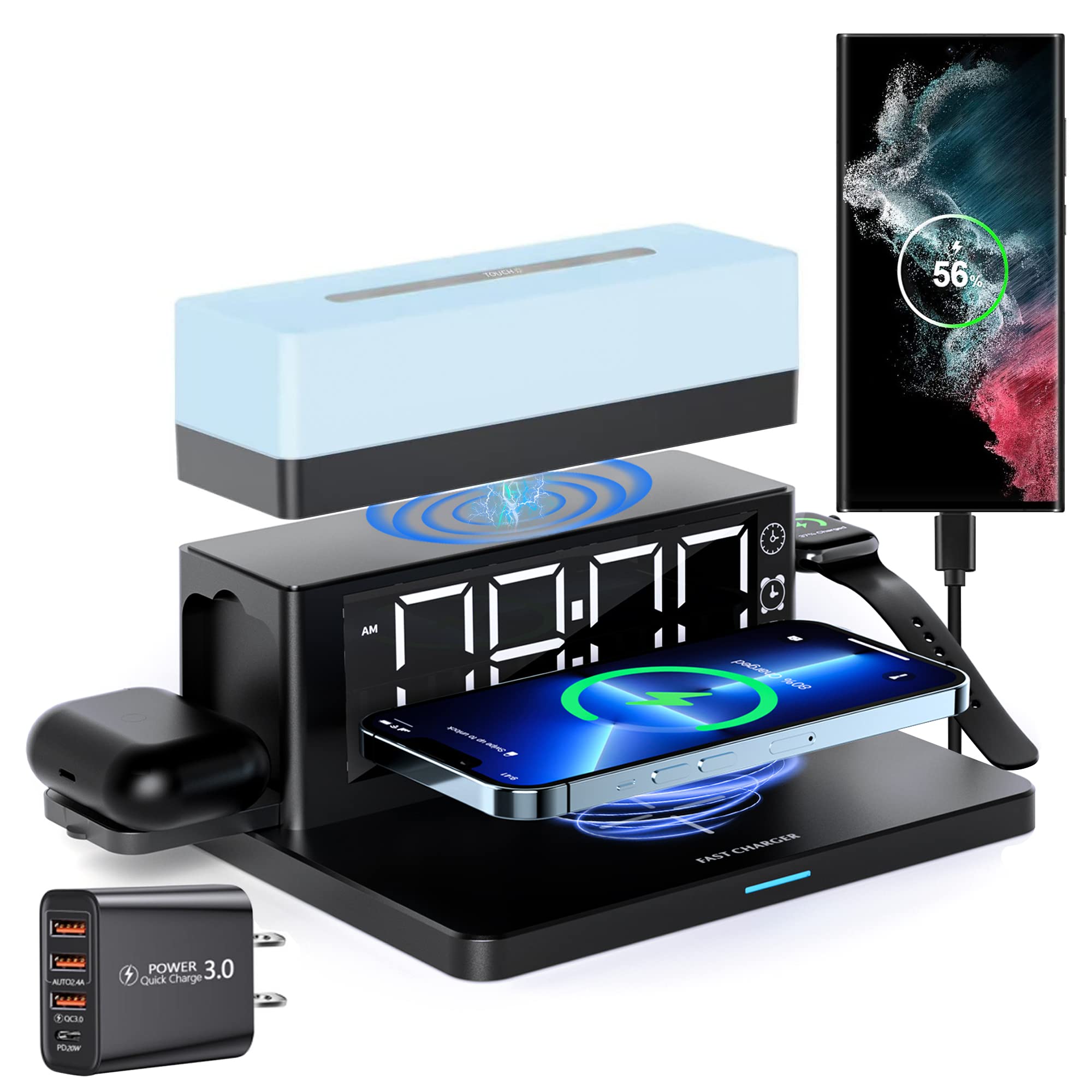 6-in-1 Wireless Charging Station with Digital Alarm Clock & Night Light - 15W Fast Charger for iPhone 14/13/12/11/XS, Samsung Galaxy, AirPods & Apple Watch - Perfect for Bedside, Office & Travel (Black)