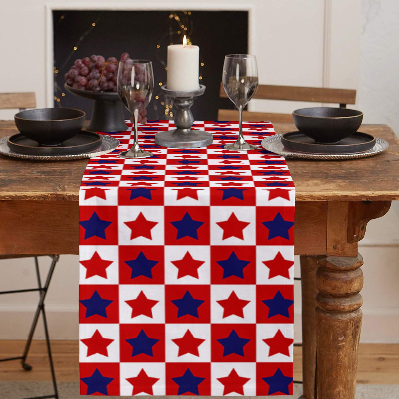 Patriotic Burlap Linen Table Runner 120 Inch - Red White Blue Buffalo Check Plaid Farmhouse Decor for Kitchen Dining Coffee Table | Perfect for 4th of July, Memorial Day Parties & Rustic Home Decor