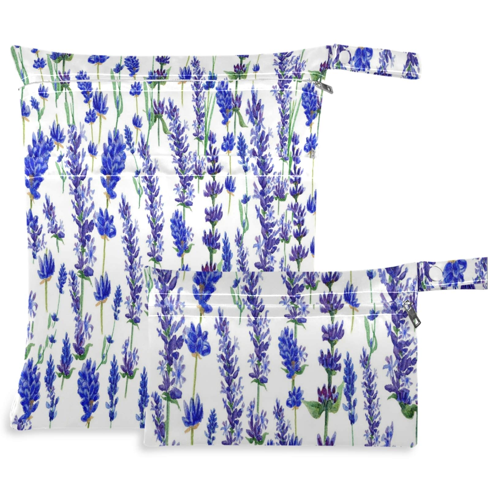 Visesunny 2-Pack Purple Lavender Flower Wet Bags with Zippered Pockets - Reusable, Washable & Spacious for Travel, Beach, Pool, Gym, Daycare - Perfect for Wet Swimsuits, Dirty Clothes, Diapers & Toiletries - Ideal for Moms, Babies & Active Lifestyles