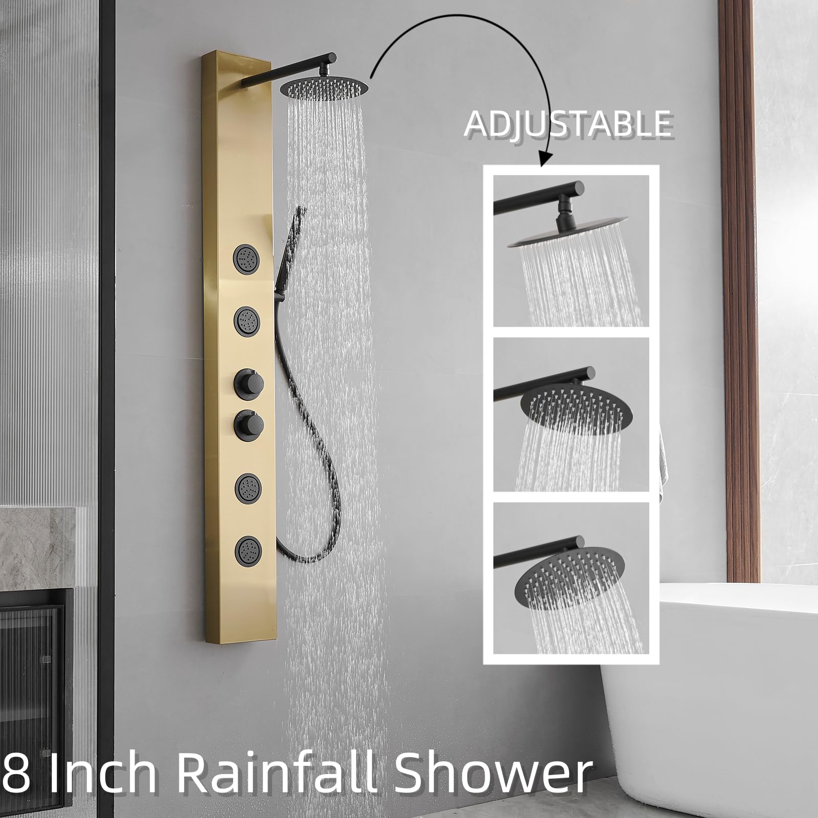 3 in 1 Stainless Steel Shower Panel Tower System - Adjustable Body Jets, Rainfall Shower Head & Handheld Shower - Brushed Gold Finish for Luxurious Bathroom Upgrade | Perfect for Master Bath, Spa-Like Experience & Modern Home Renovation