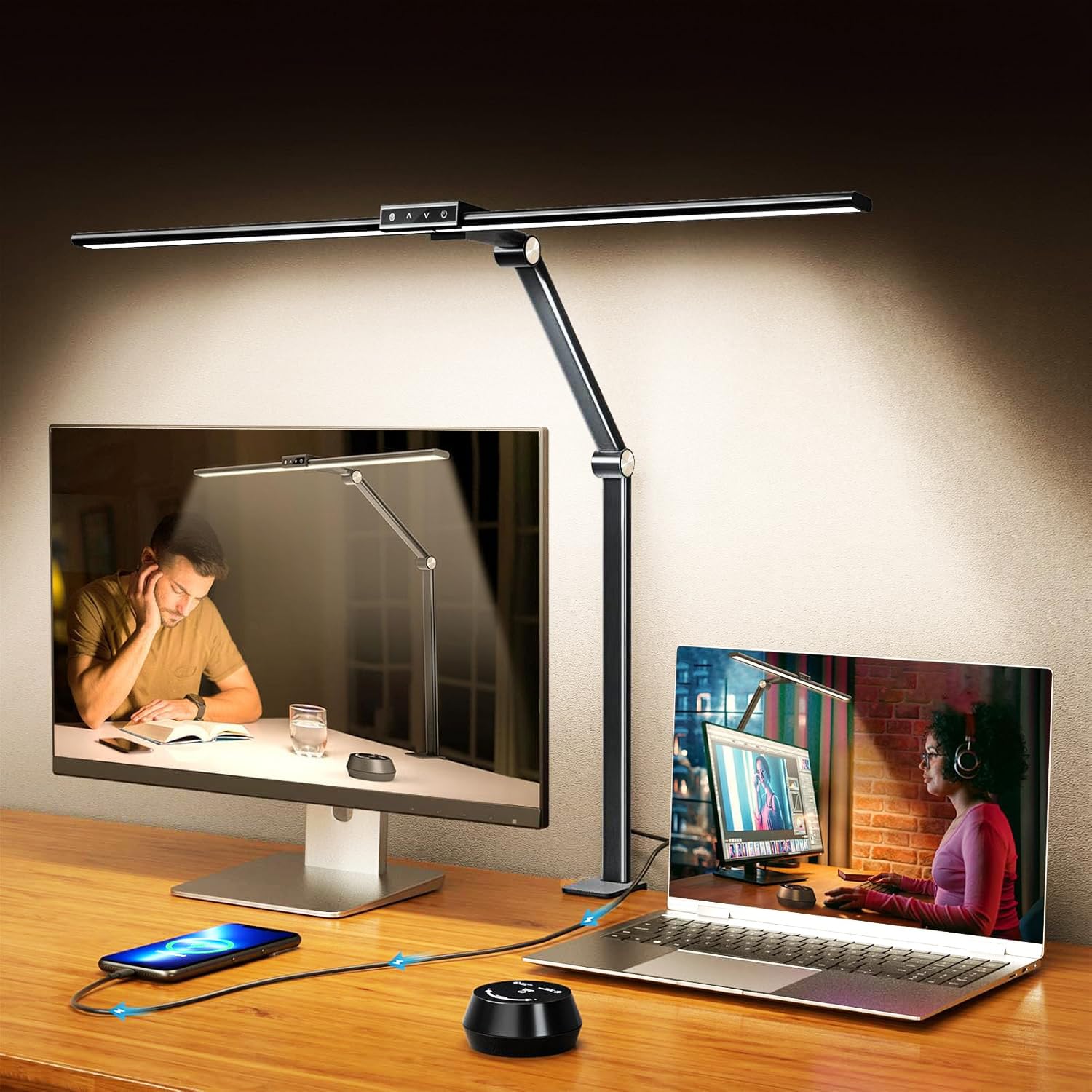 LED Desk Lamp with Clamp - 24W Eye-Caring Table Lamp with Remote Control, 7 Dimming & 5 Color Modes, Timer & USB Charging Port - Adjustable Touch Light for Home Office, Study, Reading and Work