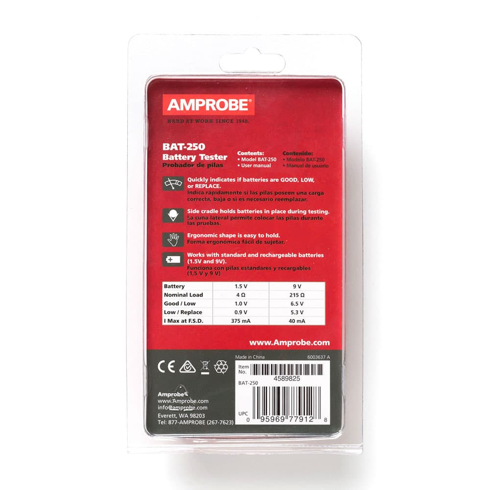 Amprobe BAT-250 Handheld Battery Capacity Tester with V-Shaped Side Cradle - Digital Battery Analyzer for AA AAA C D 9V Cells - Perfect for Home, Workshop & Industrial Battery Testing