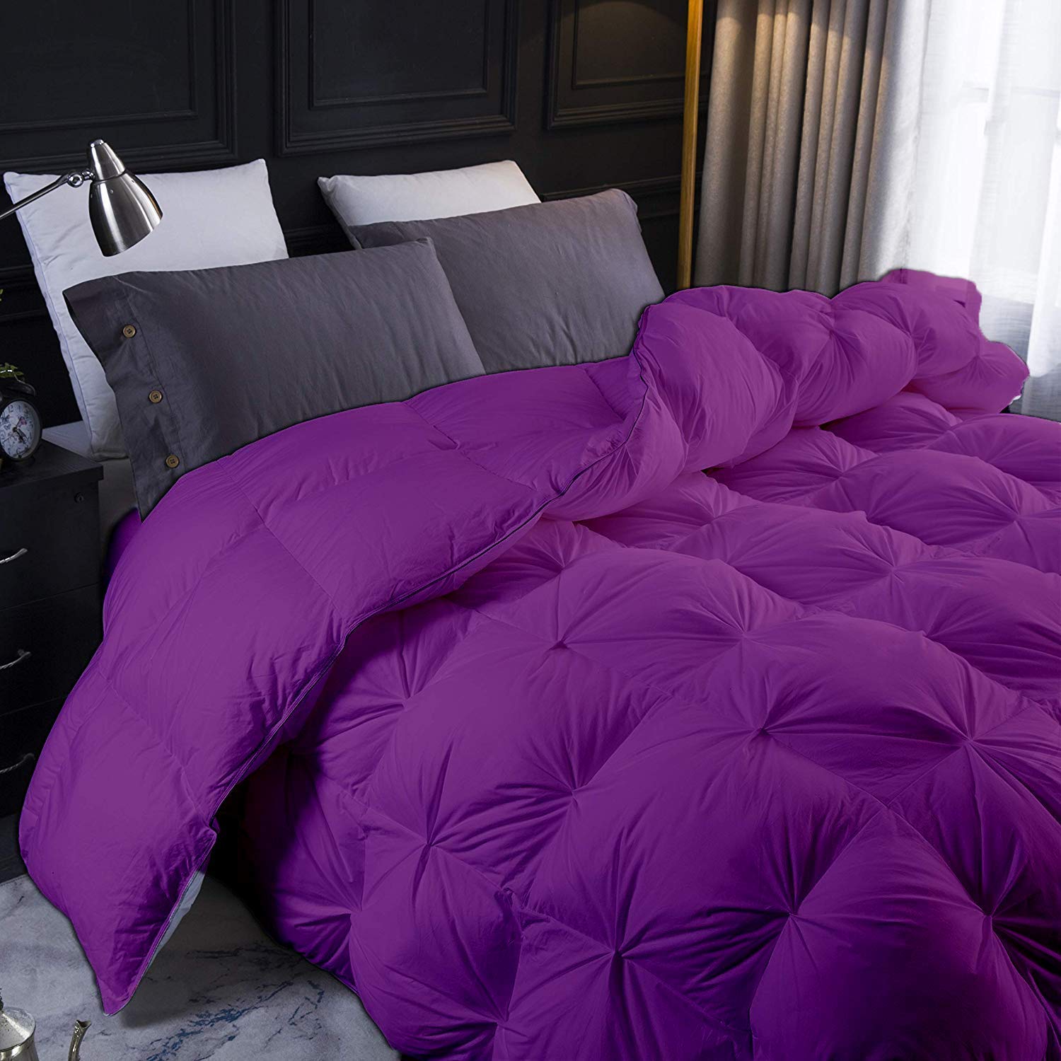 3-Piece Pinch Pleated Comforter Set - 500 GSM All-Season Goose Down Comforter with Corner Tabs & 2 Pillow Shams - 100% Cotton Baffle Pintuck Design (Purple, Full/Queen Size) - Perfect for Master Bedroom, Guest Room & Cozy Winter Nights