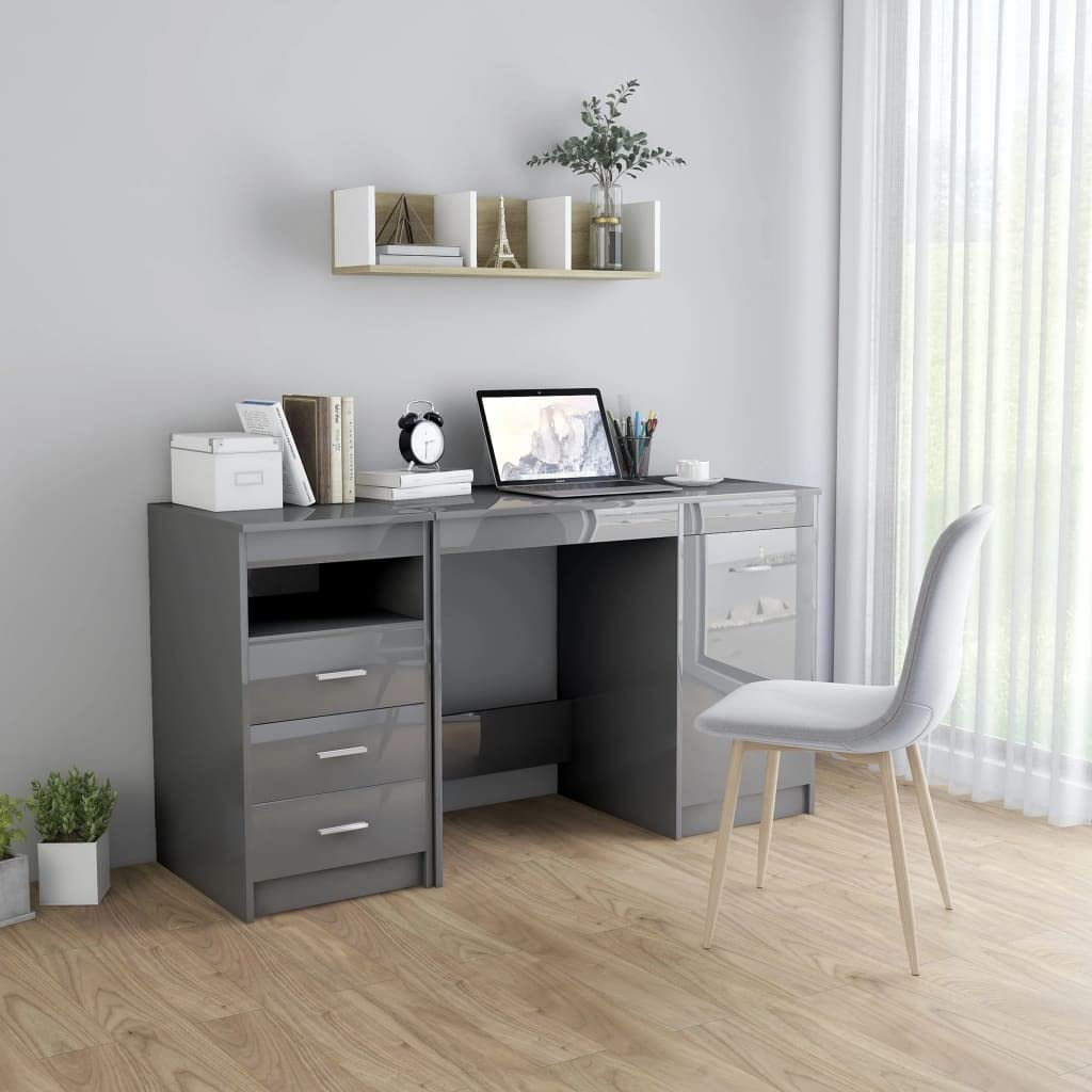 Modern Writing Computer Desk with Removable Floating Organizer - Home Office Laptop Workstation with 1-Tier Hutch & 3 Drawers - High Gloss Grey (55.1