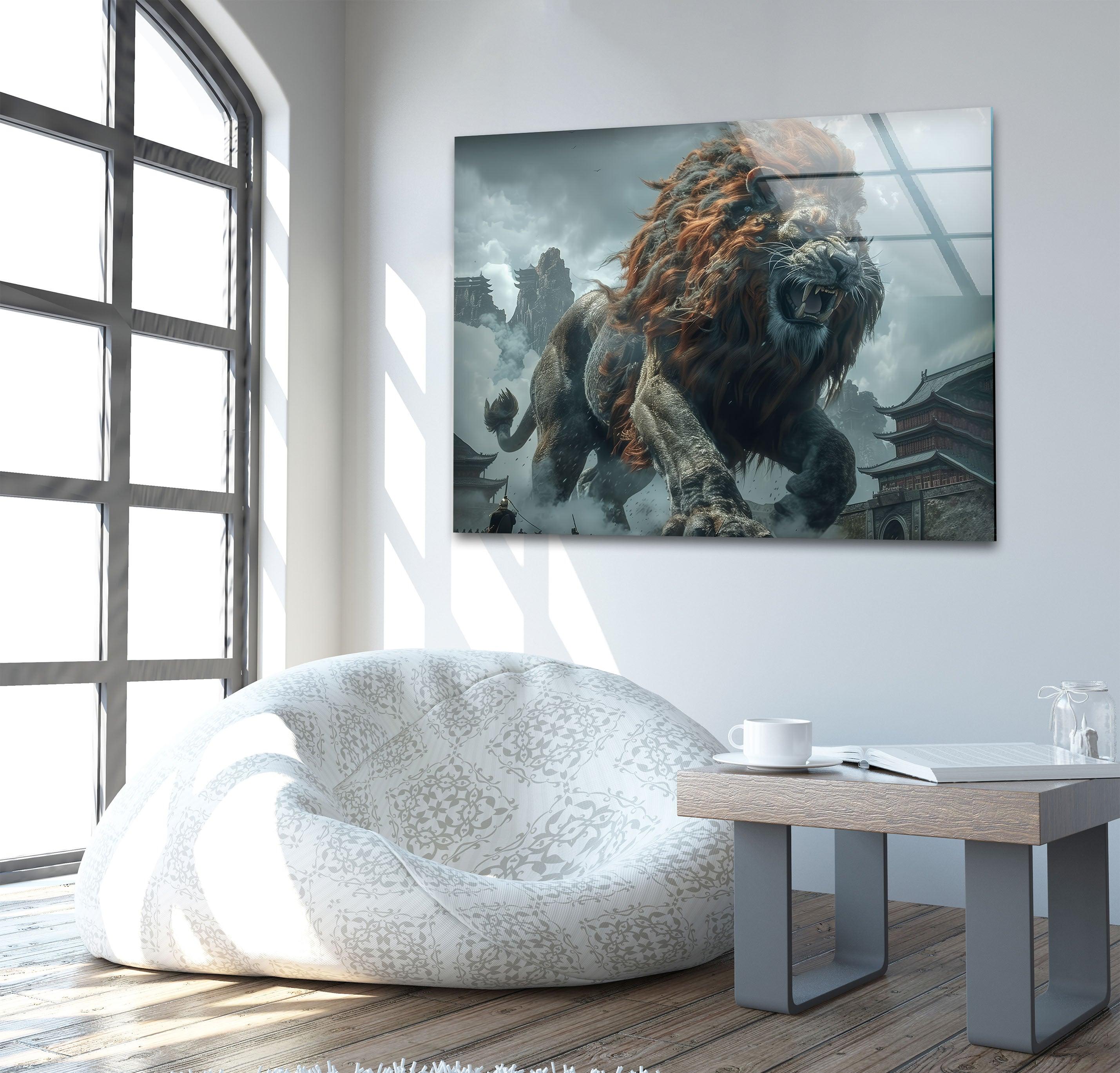 Chinese Lion Glass Wall Art - Handcrafted Feng Shui Decor for Home & Office - Perfect for Living Room, Bedroom, or Entryway Display