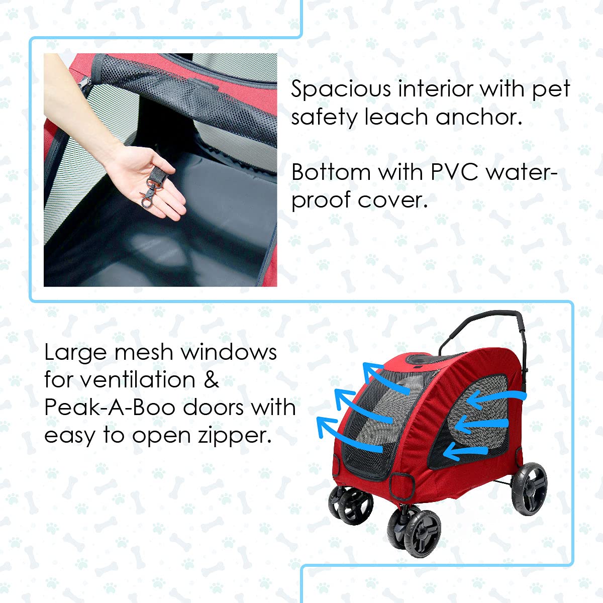 Foldable Pet Stroller for Dogs & Cats - Medium/Large Size with Rear Door, EVA Wheels, Brake System & Safety Leash | Travel Carrier with Mesh Windows (Red) | Perfect for Park Walks, Vet Visits & Outdoor Adventures
