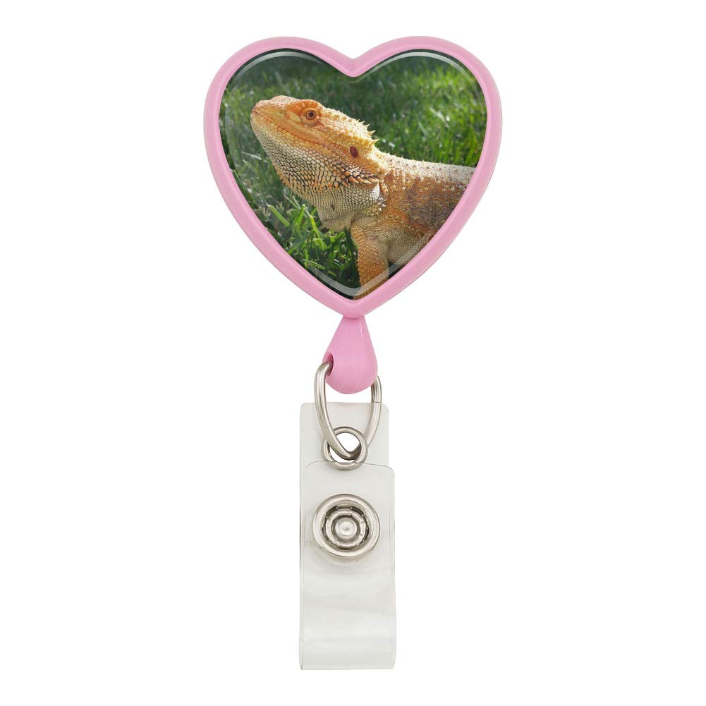 Bearded Dragon Lizard Pet Lover Retractable ID Badge Holder with Heart Design - Pink - Perfect for Teachers, Nurses, and Office Workers