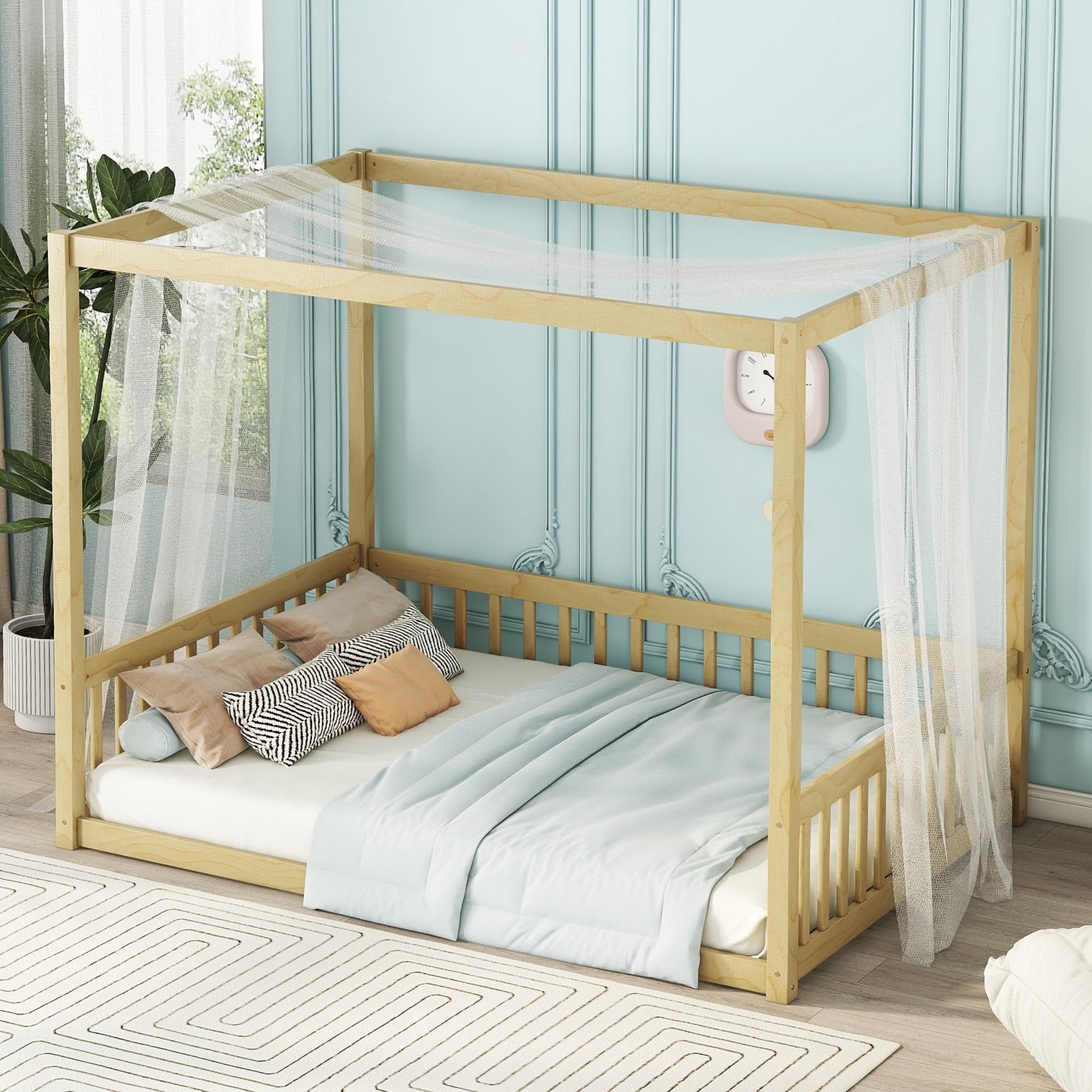 Montessori Full Size Canopy Bed Frame with Guardrails for Kids - Solid Wood Four Poster Floor Bed for Girls & Boys (Natural Finish) | Safe Toddler Bedroom Furniture for Playrooms & Montessori Learning Spaces